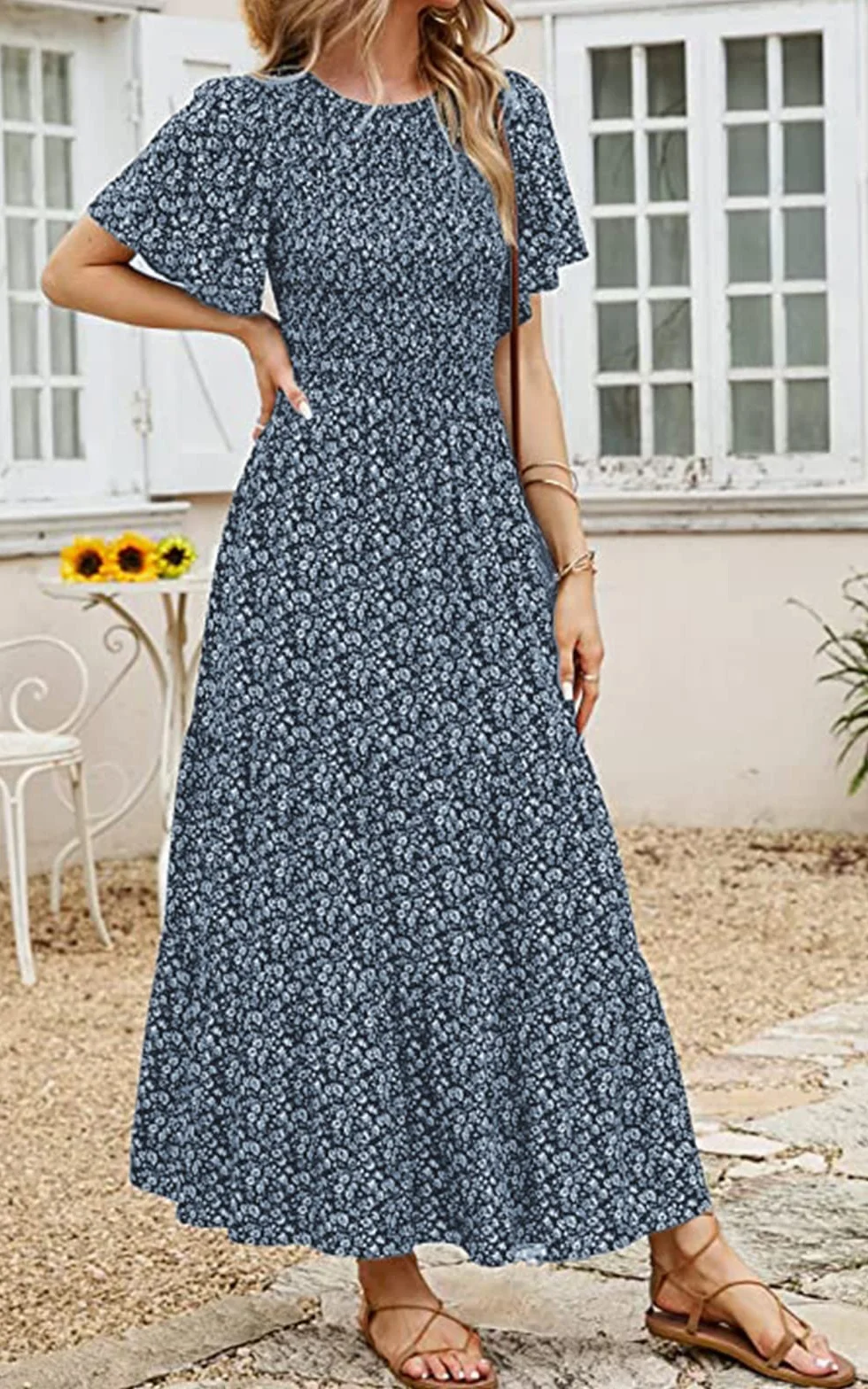 PRETTYGARDEN Women's 2025 Summer Round Neck Short Flutter Sleeve Smocked Ruffle Floral Maxi Dress Flowy Tiered Boho Dress (Navy,Medium)