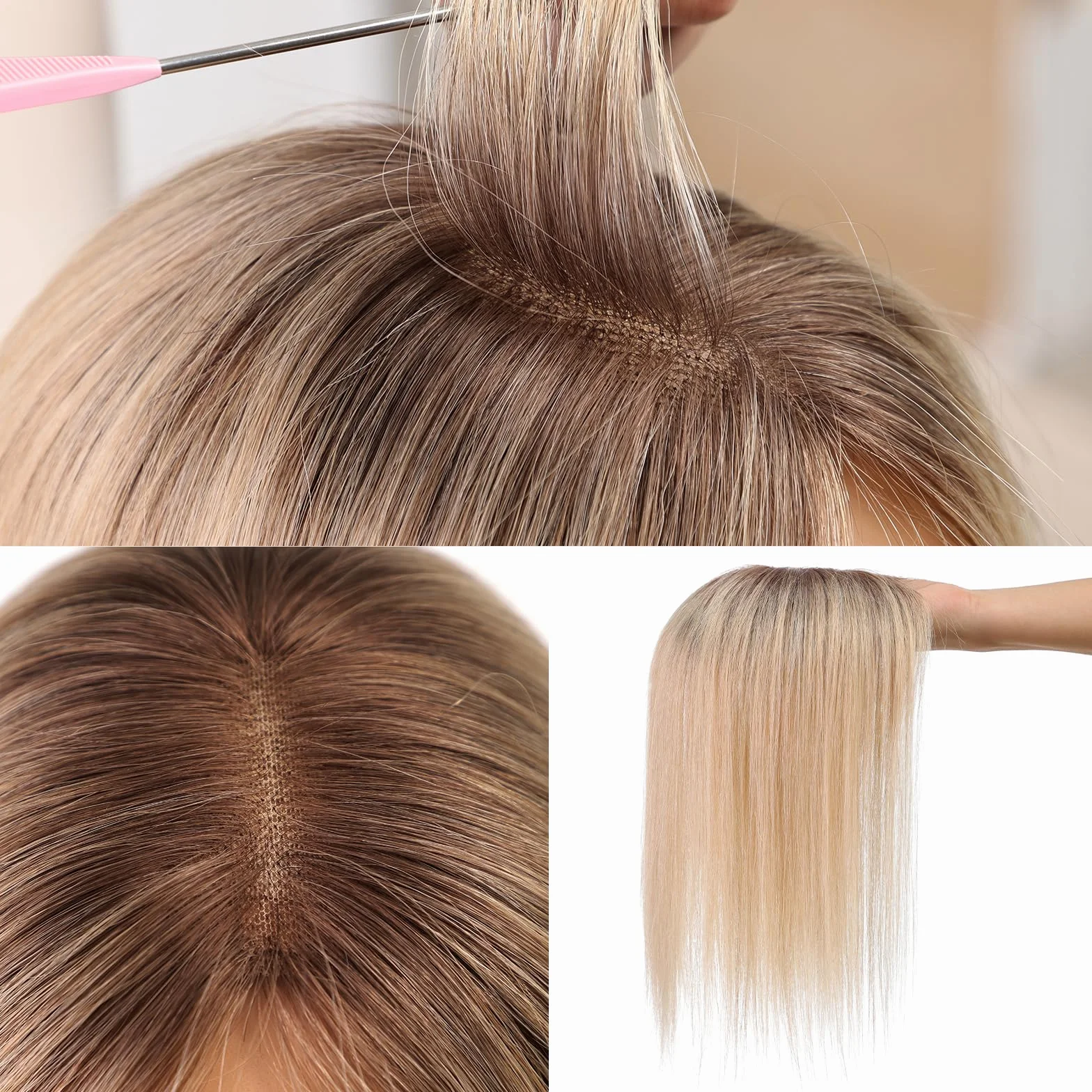 HAIRCUBE Topper do włosów dla kobiet, górne części włosów, 100% prawdziwe ludzkie włosy z grzywką, topper na ludzkie włosy ze szwajcarską koronką, ręcznie wiązane włosy do rzednących/cienkich włosów