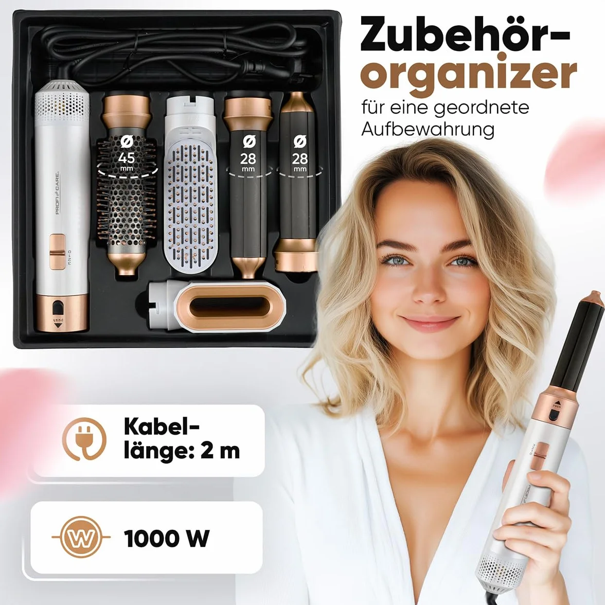 ProfiCare® Szczotka z ciepłym powietrzem, 4 w 1, do loków, objętości, prostowania i suszenia, okrągła suszarka 1000 W, szczotka do suszarki do włosów, 3 stopnie | w zestawie organizer do