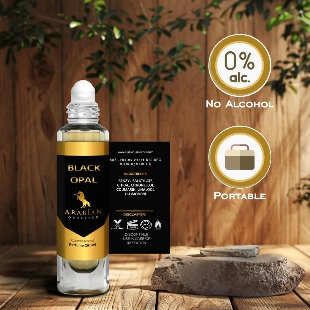 Arabian Opulence FR49 BLACK OPAL skoncentrowany olejek perfumowany, butelka zapachowa bursztynowo-waniliowa dla kobiet, długotrwałe perfumy na bazie oleju, bezalkoholowy olejek do ciała (6 ml)