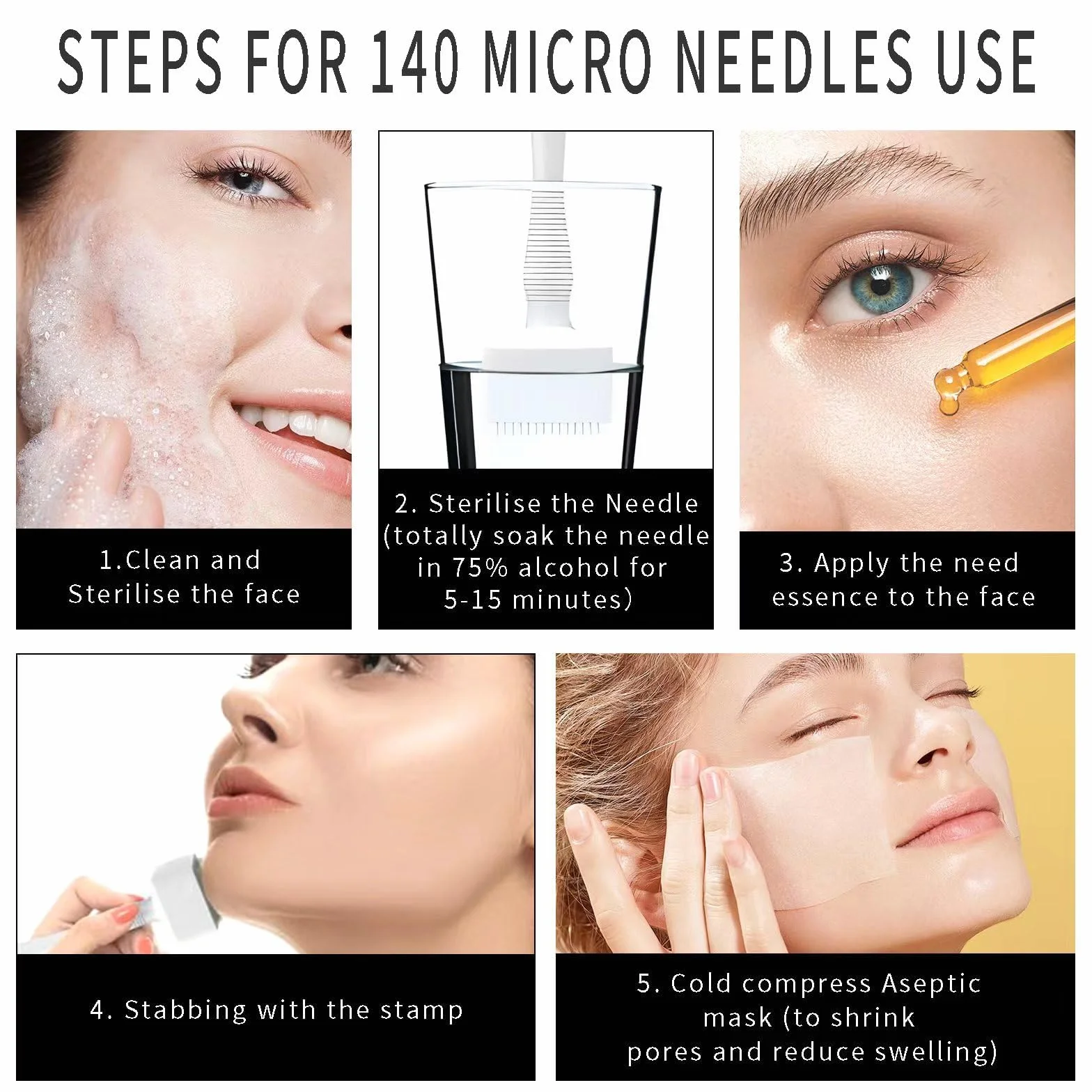 Derma Stamp Hair, mikroigły do porostu brody i ciała, lekki, z mikro igłami 0-3 mm, 140 igieł tytanowych klasy A, dermastamp z regulacją