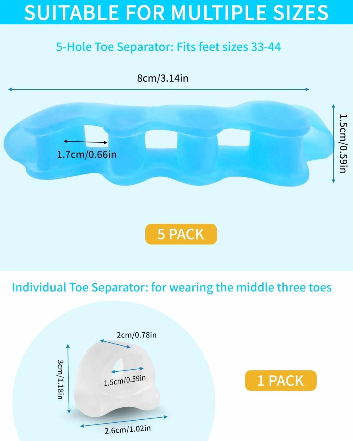 Huifoo 6 sztuk separatorów palców z silikonu, separator palców z silikonu dla prawidłowego hallux valgus, separator palców do pedicure hallux valgus, uniwersalny rozmiar dla kobiet i mężczyzn