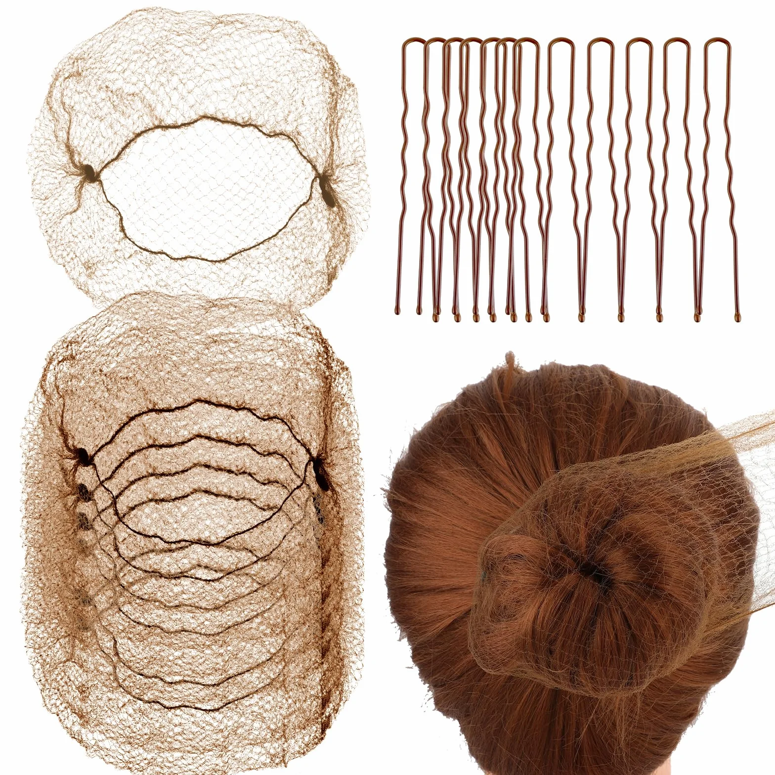 Abeillo Baletowa siatka do włosów Dance Dun Nets, 20 szt. 50 cm, indywidualne opakowanie, niewidoczne siatki do włosów i 40 szt. zestaw spinek do włosów w kształcie litery U dla kobiet, dziewcząt,