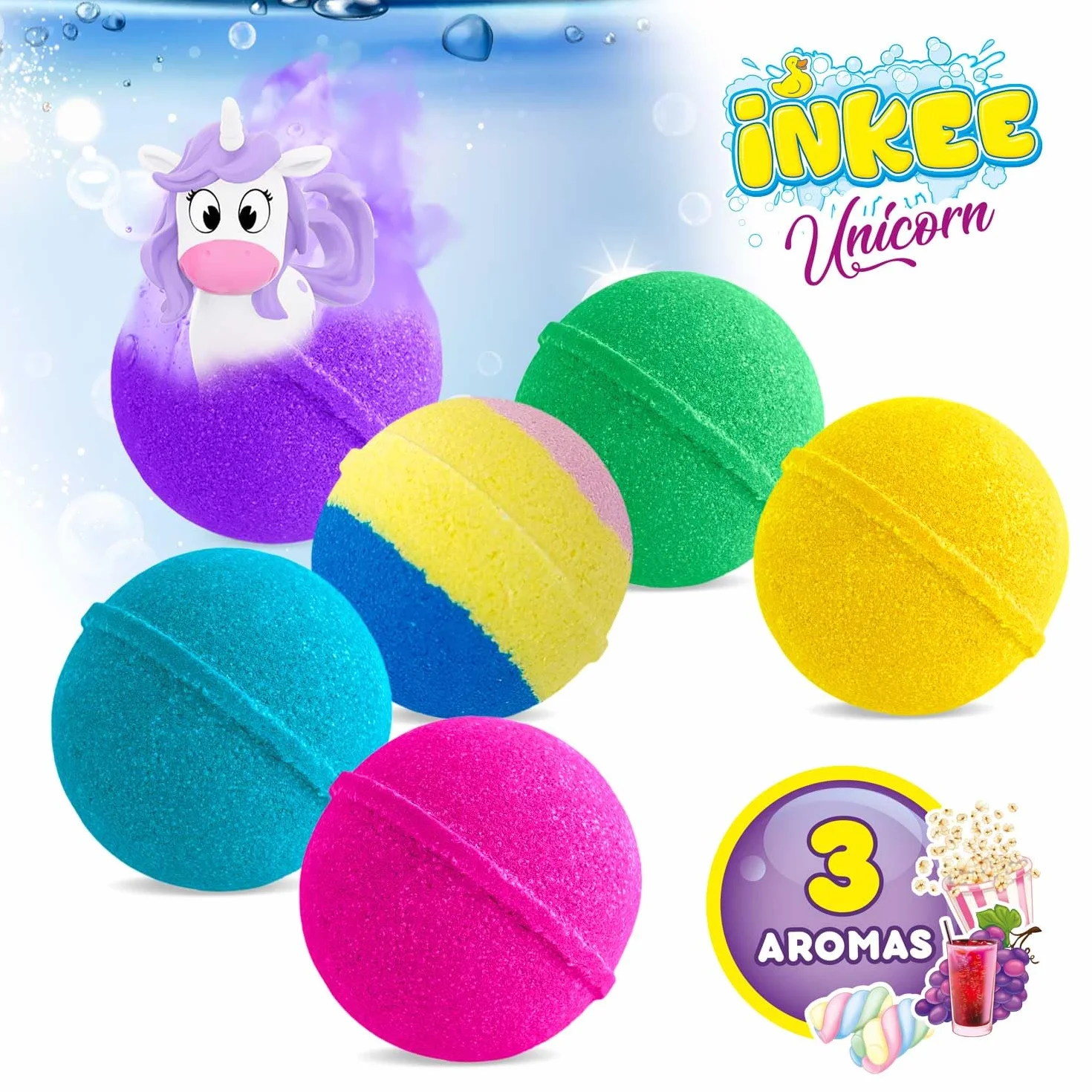 INKEE Zestaw Prezentowy Unicorn | Pudełko z 6 Bombami do Kąpieli dla Dzieci z Niespodzianką, 6 Kul do Kąpieli z Figurkami Jednorożca w 6 Różnych Kolorach