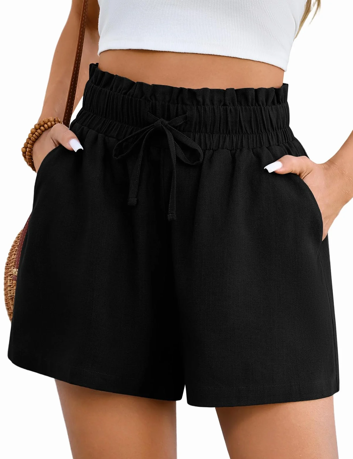 Szorty damskie letnie lniane muślinowe krótkie spodnie Elastisc High Waist bermudy szorty swobodne szerokie luźne letnie szorty z kieszeniami
