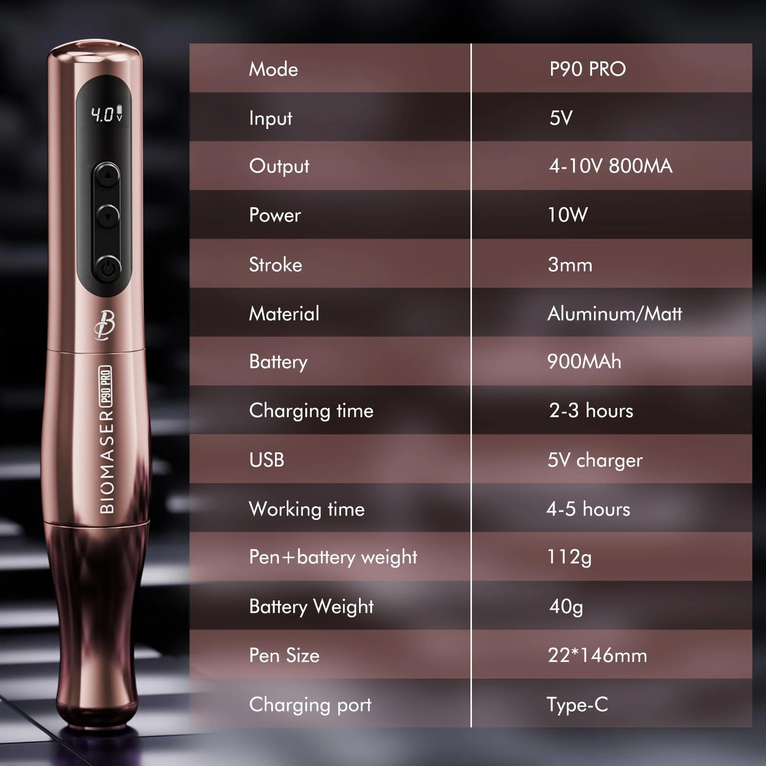 Biomaser P90 PRO Przewodowa i Bezprzewodowa półtrwała maszyna do makijażu brwi, eyeliner do ust (różowe złoto)