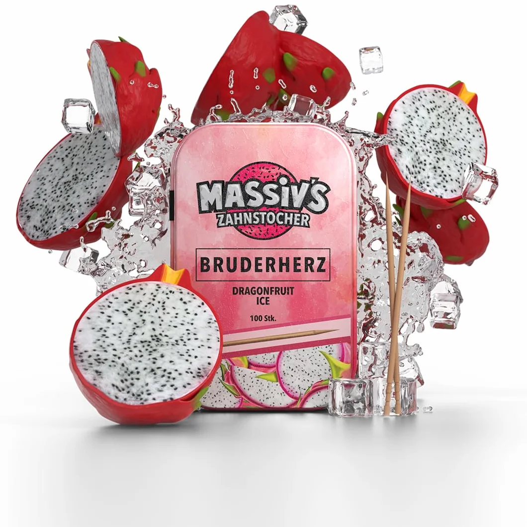 Massiv’s Toothpicks – Smakowe wykałaczki – BRUDERHERZ Dragonfruit Ice – 100 smakowych wykałaczek – Świeży oddech – Stylowa metalowa puszka – Wegańskie, bez cukru, bez kalorii