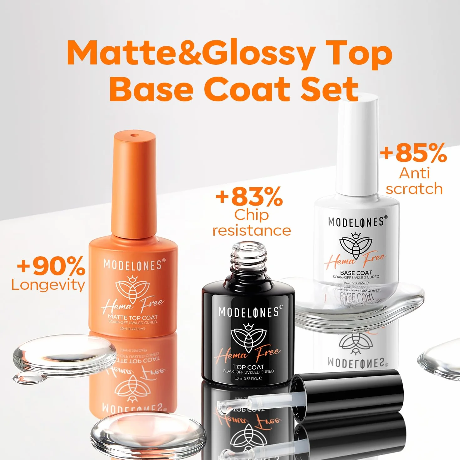 Modelones Base i Top Coat Gel UV lakier do paznokci zestaw 3 x 10 ml No Wipe Soak Off lakier podkładowy i wierzchni z matowym Top Coat