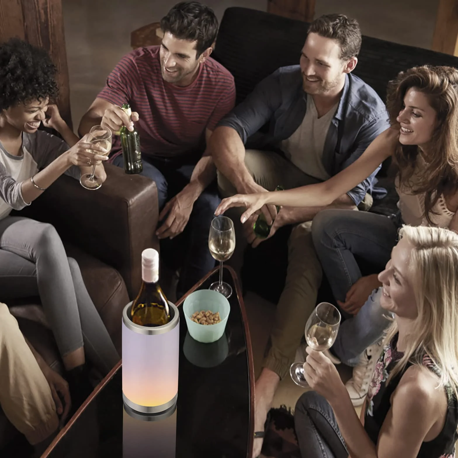 Chłodziarka do wina z lampą dotykową RGB do ponownego ładowania, chłodziarka do butelek z 2 wkładami chłodzącymi, 750 ml, idealny prezent do wina dla kobiet i mężczyzn