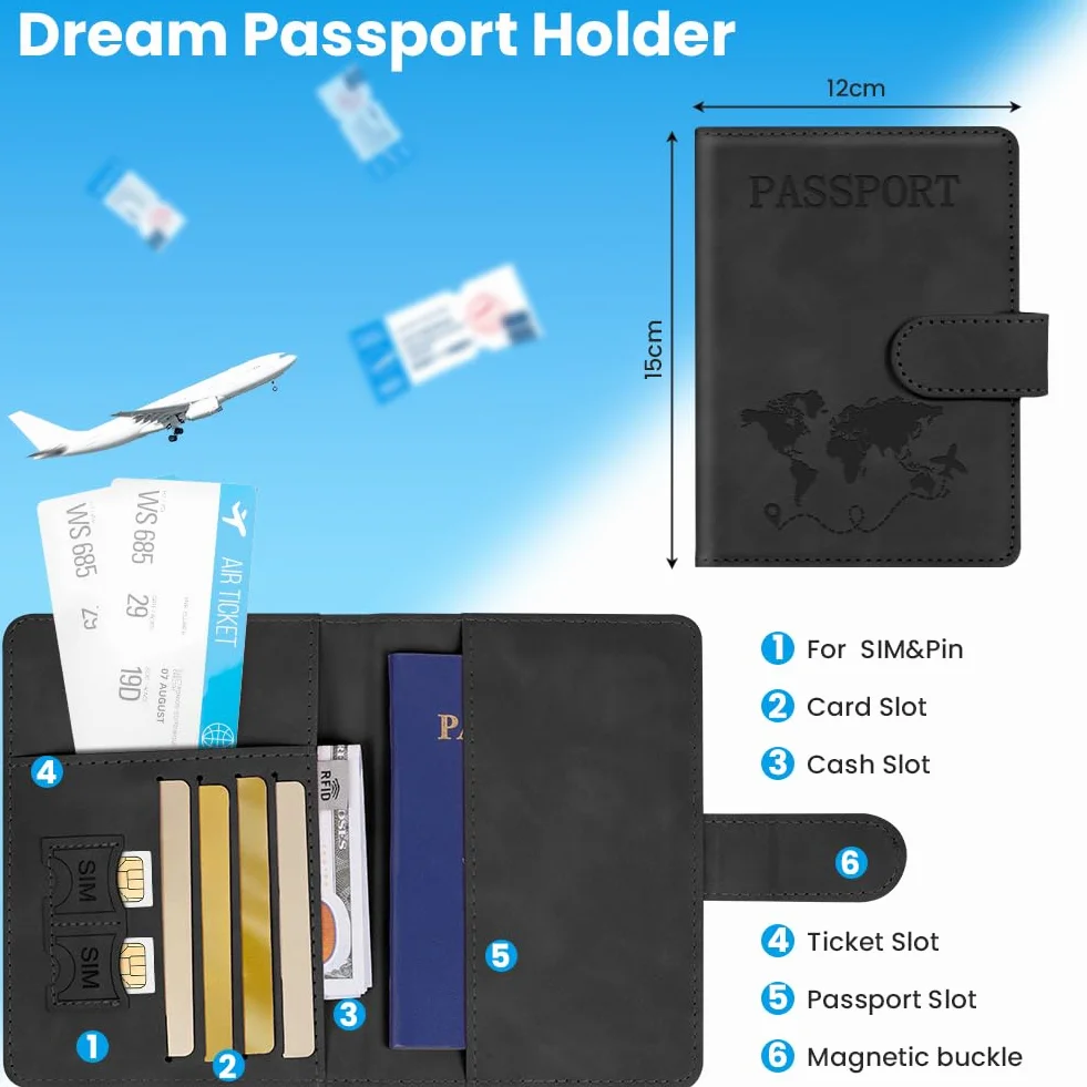 Etui na paszport, etui z portfelem, skóra PU, blokowanie RFID, etui na paszport, etui na paszport, karty kredytowe, wizytówki, Czarny - 1 szt