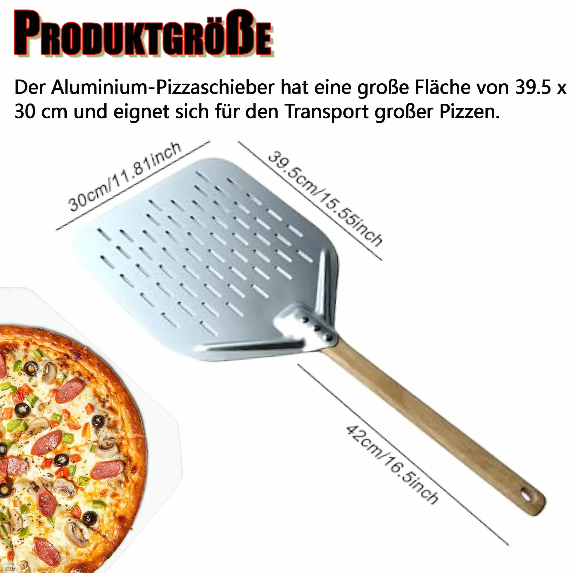 MAEXUS Łopatka do pizzy, 30 cm, ze zdejmowanym uchwytem, duża powierzchnia, łopatka do pizzy ze stali nierdzewnej, perforowana łopatka do pizzy (40 x 30 cm)