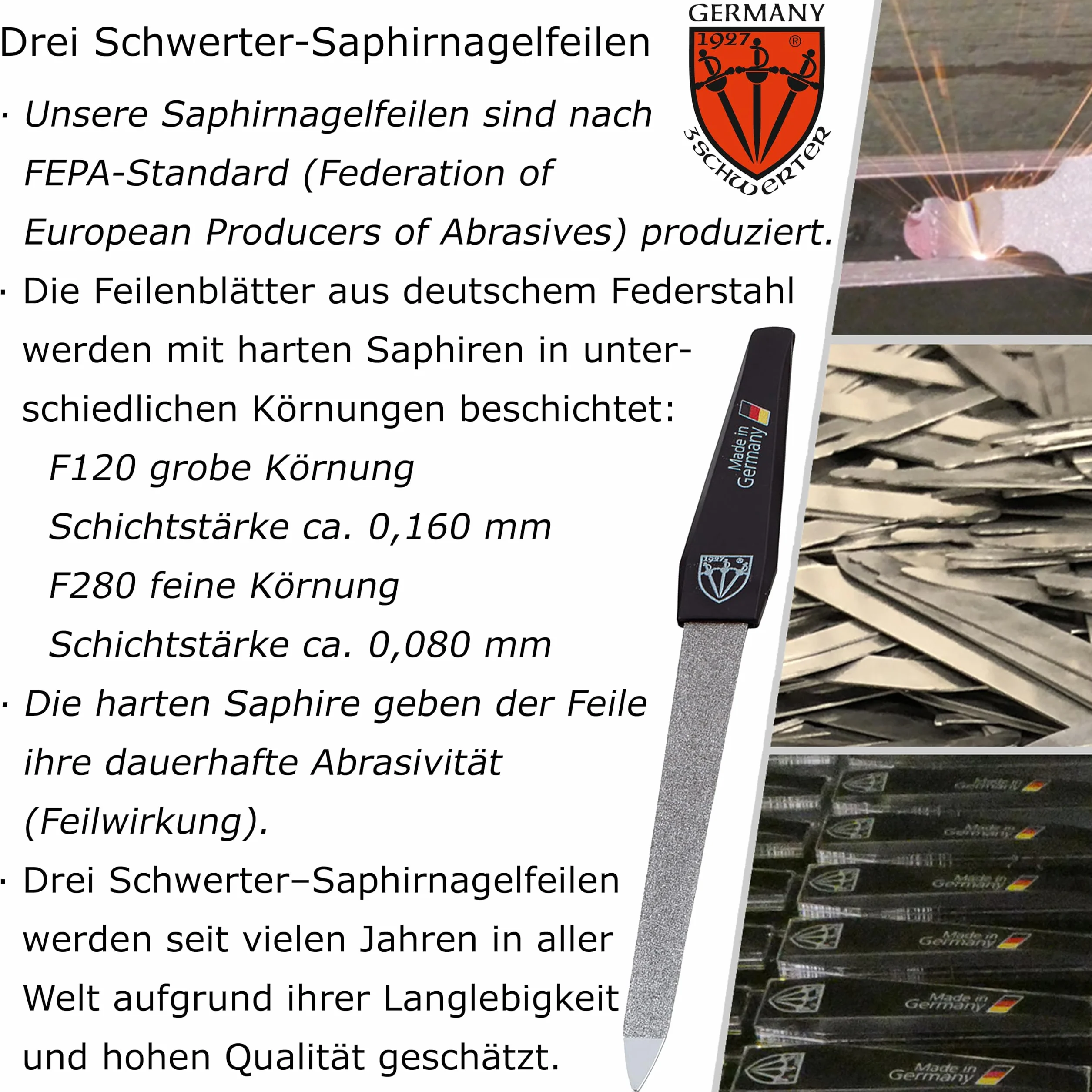 DREI SCHWERTER - Szafirowe pilniki do paznokci zestaw 2 + 1 | wysokiej jakości zestaw do manicure i pedicure, Made in Germany | Zawartość: 2 x szafirowy pilnik do paznokci i 1 x trójdrożna polerka do