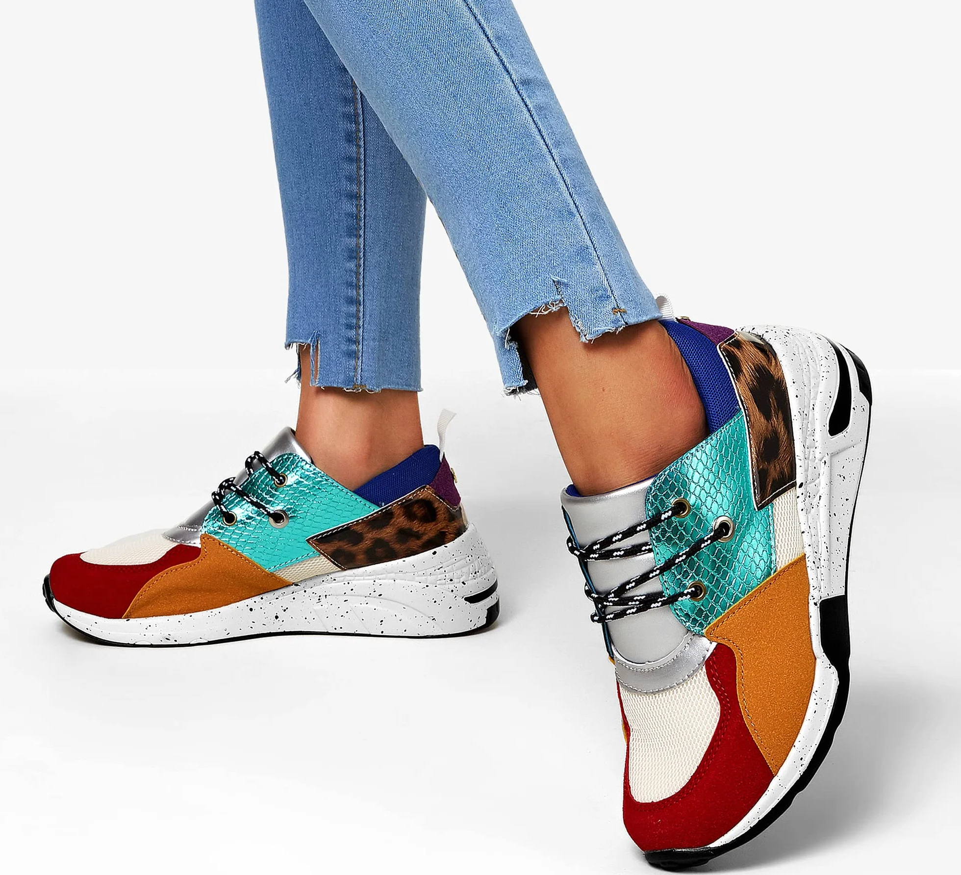 LUCKY STEP Damskie trampki na wysokim obcasie na koturnie moda platforma retro sznurowane buty na co dzień