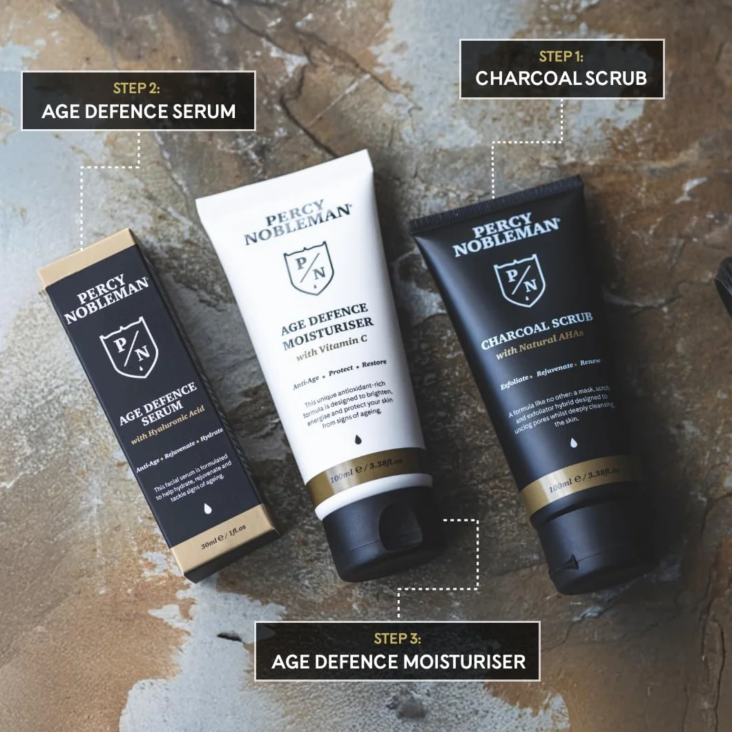 Percy Nobleman Age Defence Kit, zestaw do pielęgnacji skóry dla mężczyzn z węglem drzewnym peeling do twarzy (naturalny AHA), ultranawilżające serum do twarzy (z kwasem hialuronowym) i kremem