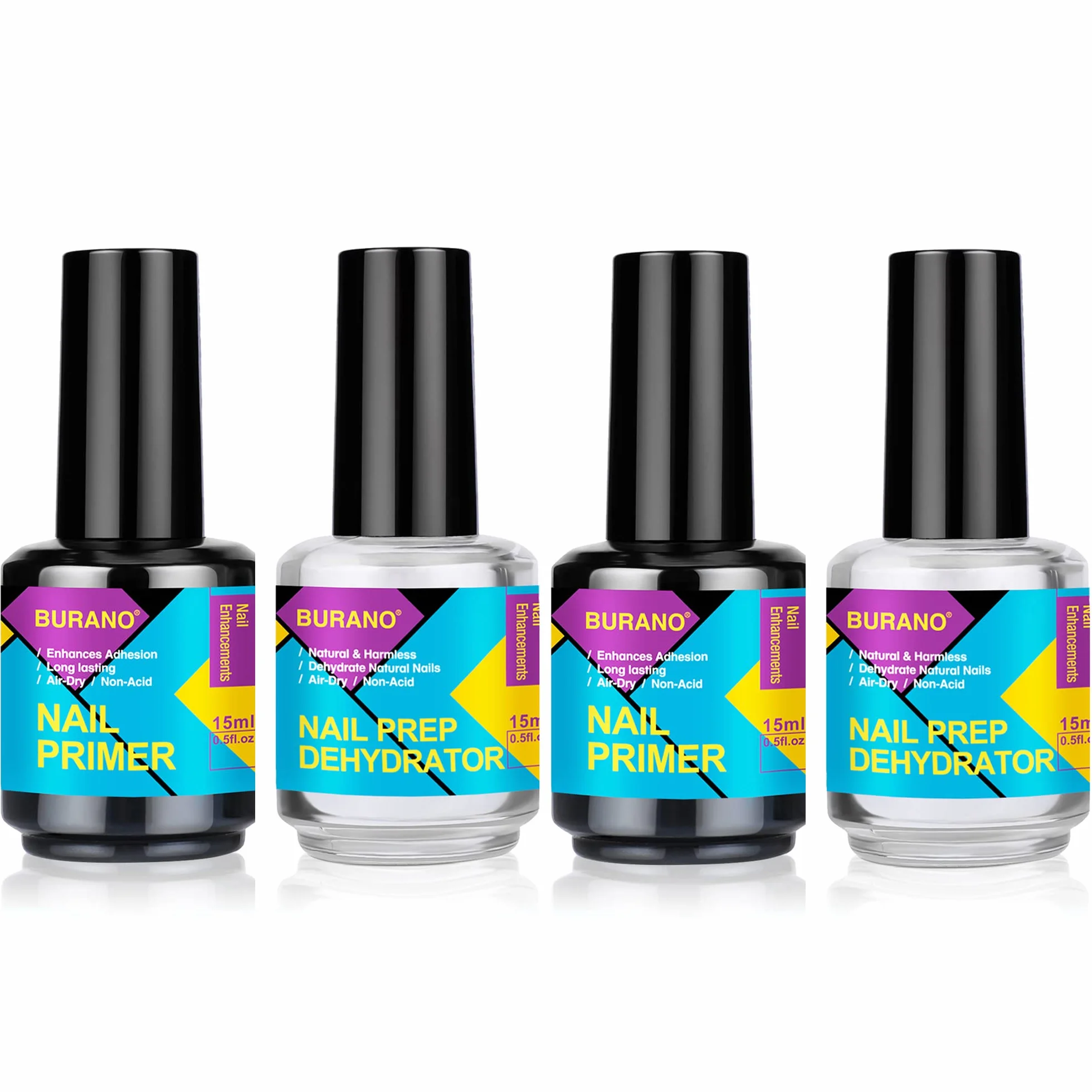 BURANO Natural Nail Prep Dehydrator and Primer for Acrylic 15ml 4 Bottle Nail Art Gel Designer Kit