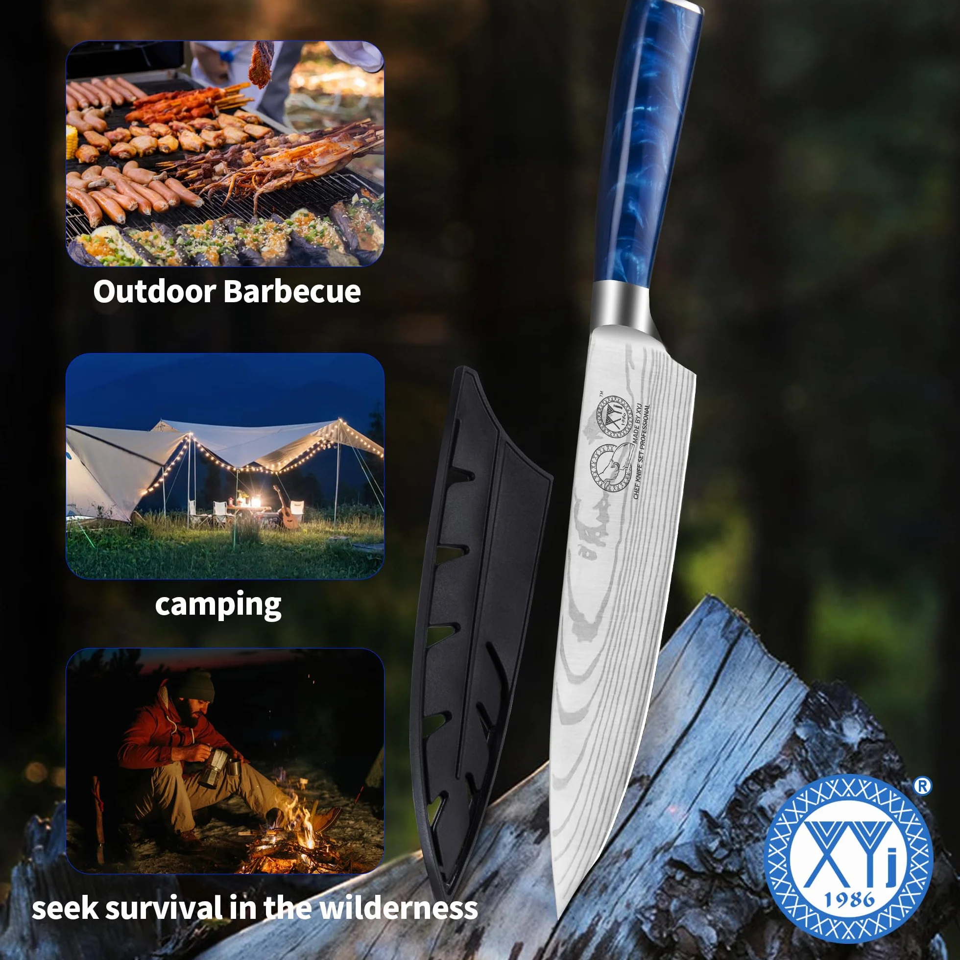 XYJ Professional Japanese Chef Knife 8 Inch Stainless Steel,Vein Damascus Pattern Sharp Blade,Meat Cleaver,Slicing Cooking Kitchen Knife With Sheath,Portable Outdoor Camping BBQ