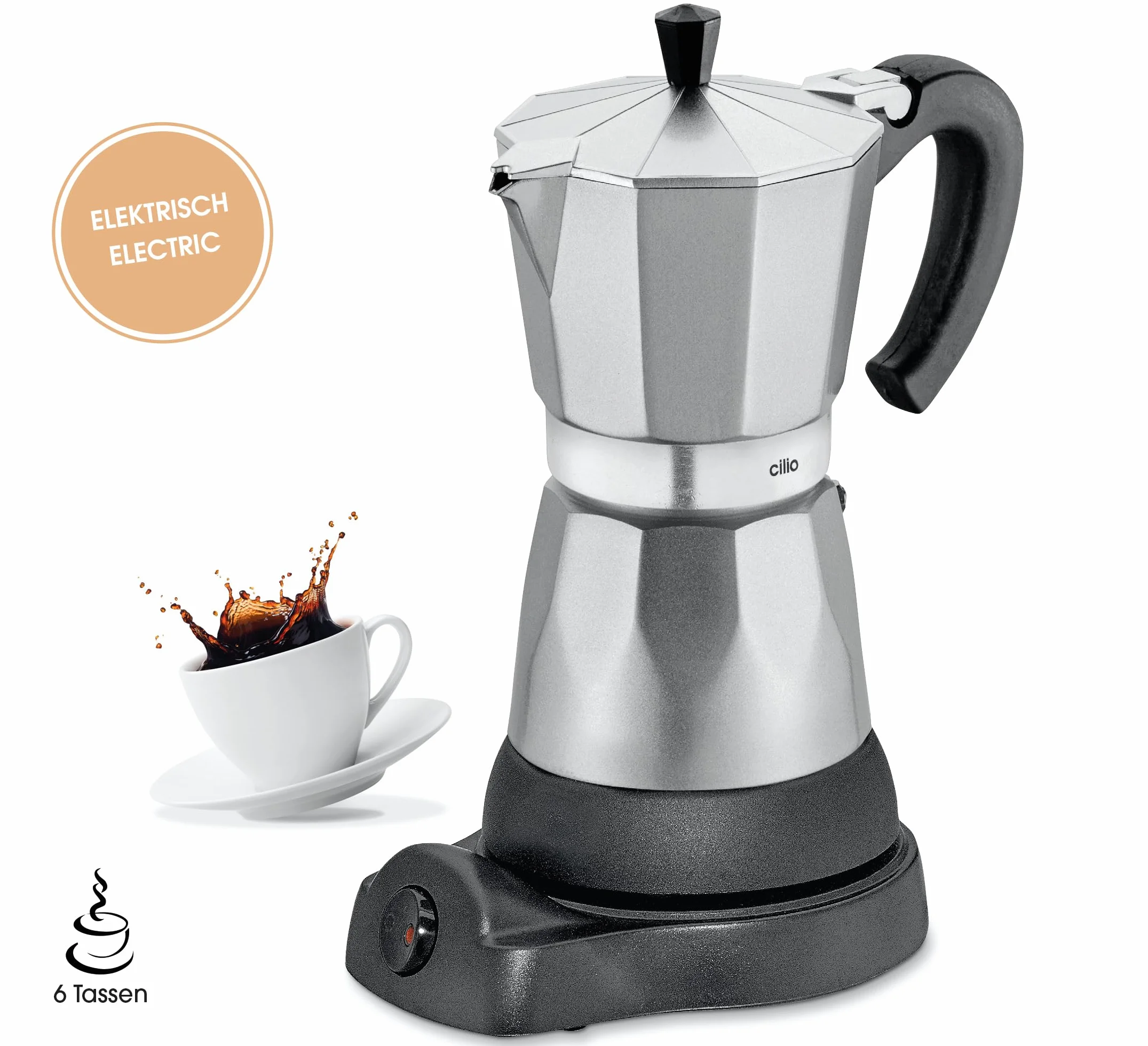 cilio Zaparzacz do espresso Classico na 6 filiżanek, elektryczny 480 W, Ø 11,5 cm, wysokość: 25 cm, aluminium, srebrny, zintegrowana płyta kuchenna, z funkcją utrzymania ciepła i sitkiem redukcyjnym, do podróży lub na kemping