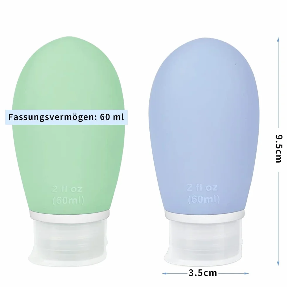 Opret Zestaw 4 silikonowych butelek podróżnych, 60 ml, szczelne, do wielokrotnego napełniania, przenośne pojemniki do szamponu, kremów, odżywki, nie zawierają BPA i posiadają certyfikat TSA