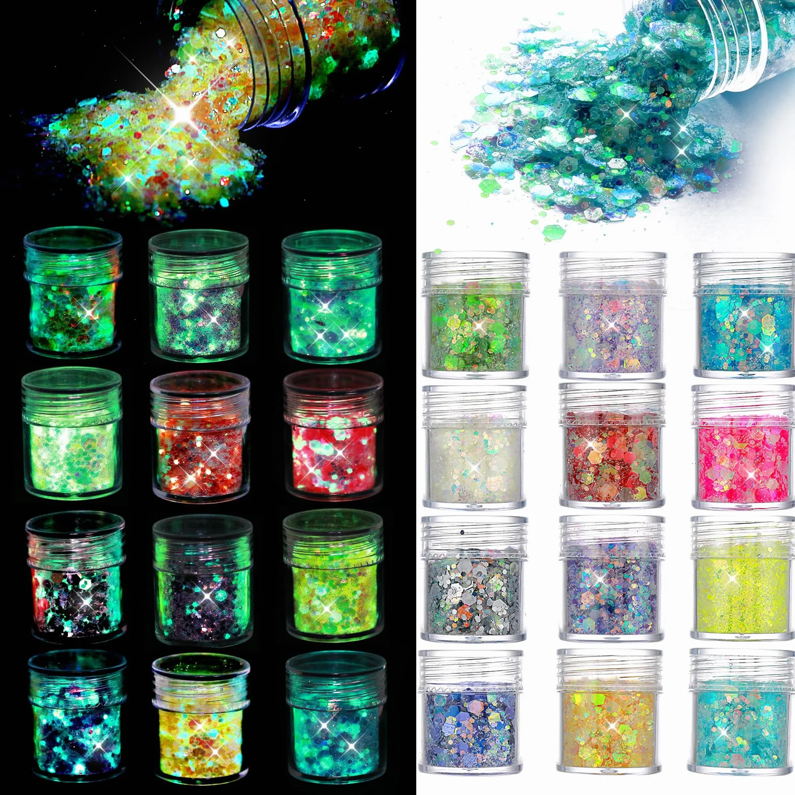 simarro Fluorescencyjne cekiny brokatowe, 12 kolorów, hex Face Body Glitter zestaw do paznokci, włosów, ciała, brokatu, na Halloween, do makijażu, oczu, ust, ciała, rękodzieła, 554117_1_MXD1TRBYQ