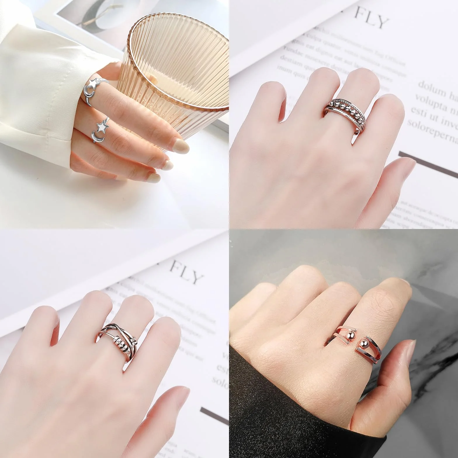 9 pierścionków antystresowych dla kobiet, pierścionki z koralikami, regulowane otwarte pierścienie, regulowane, otwarte pierścienie Fidget Ring, układane w stosy pierścionki antystresowe, dla