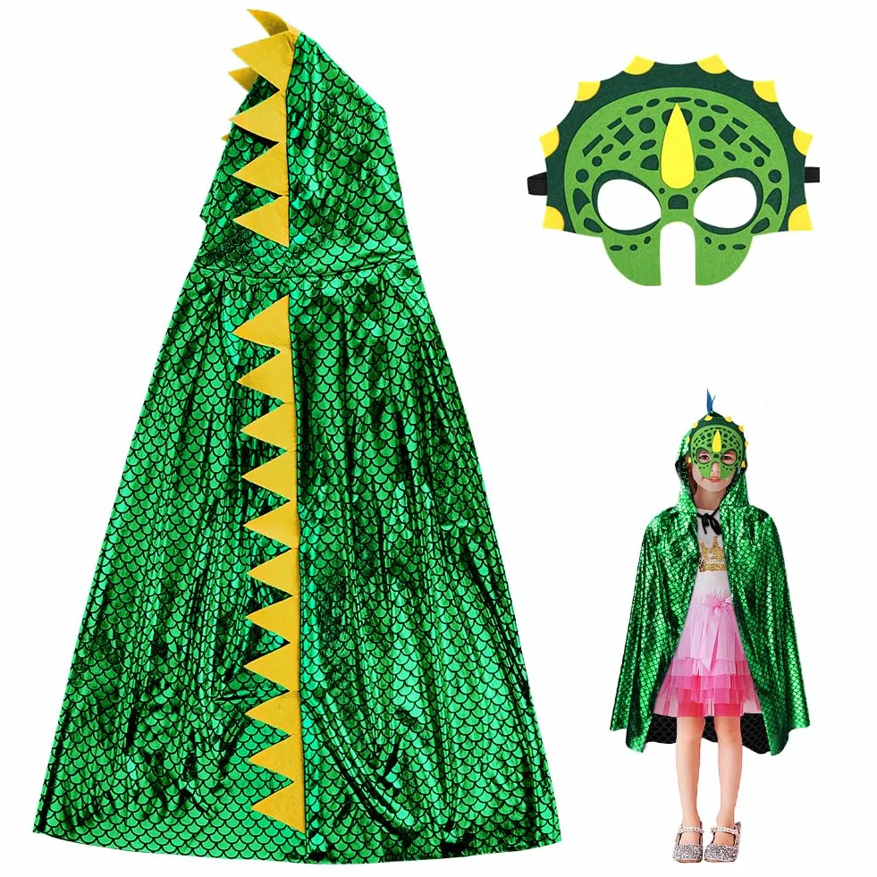 Aomig Peleryna z dinozaurem, 2 sztuki, Cosplay, dla dzieci, maska dinozaura, smok, płaszcz, ubranie, przebranie dinozaura, peleryna, dla chłopców i dziewczynek, odgrywanie ról, karnawał, Halloween
