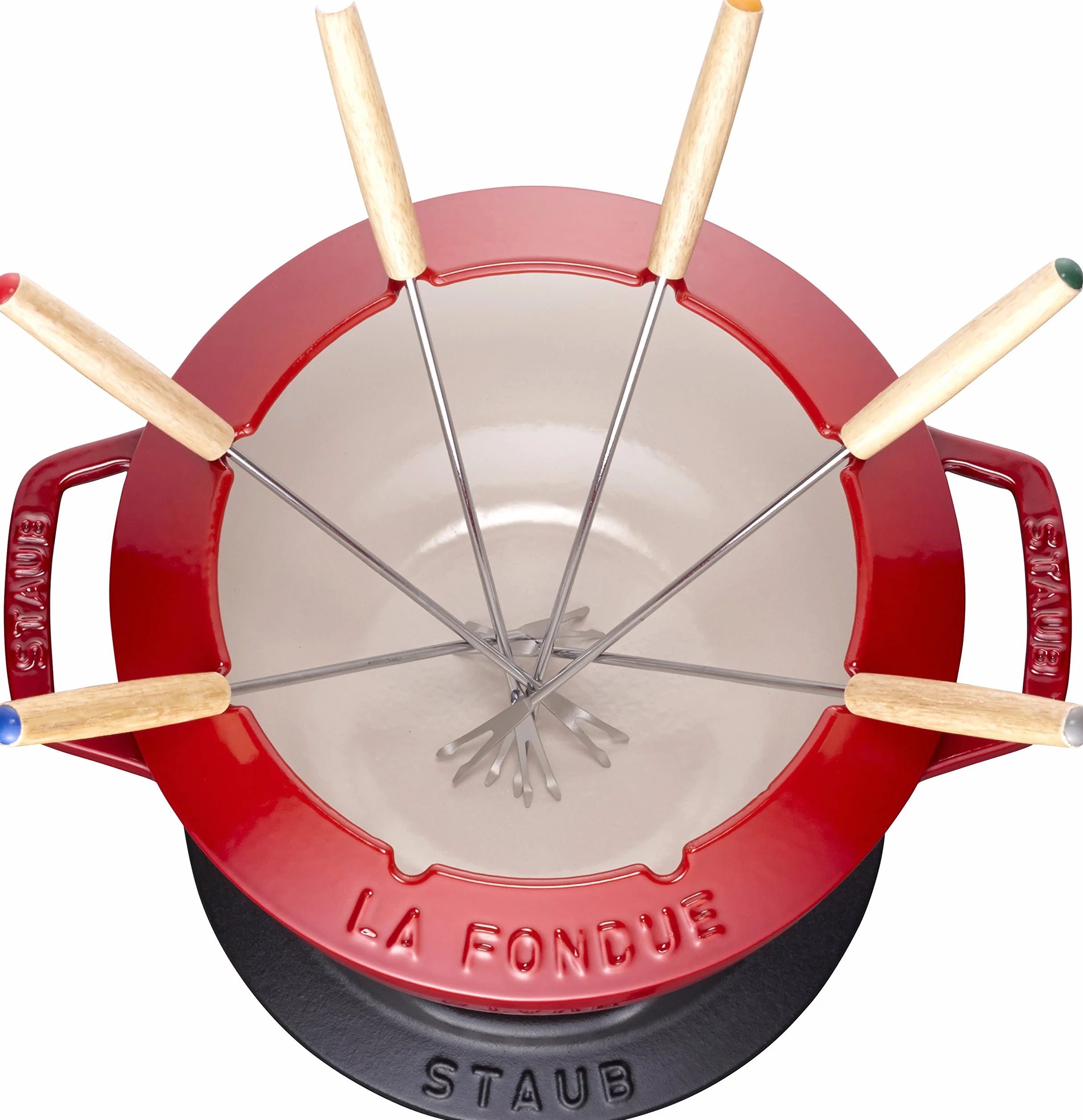 Zestaw do Fondue STAUB z 6 Widelcami, żeliwo, okrągły, 18 cm, 1,6 l, nadaje się do fondue serowego, czekoladowego i mięsnego, wyprodukowano we Francji, wiśniowo-czerwony