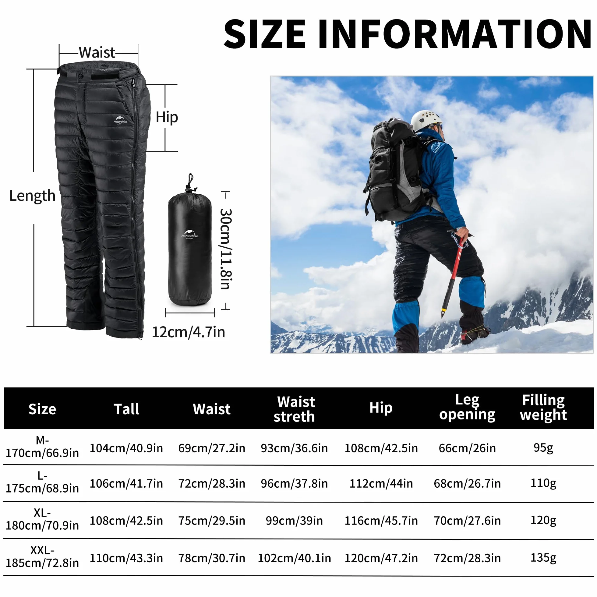 Naturehike spodnie zimowe mężczyźni ciepłe ultralekkie kobiety śnieg podwójny zamek błyskawiczny spodnie outdoor/camping wodoodporne spodnie puchowe z kaczki