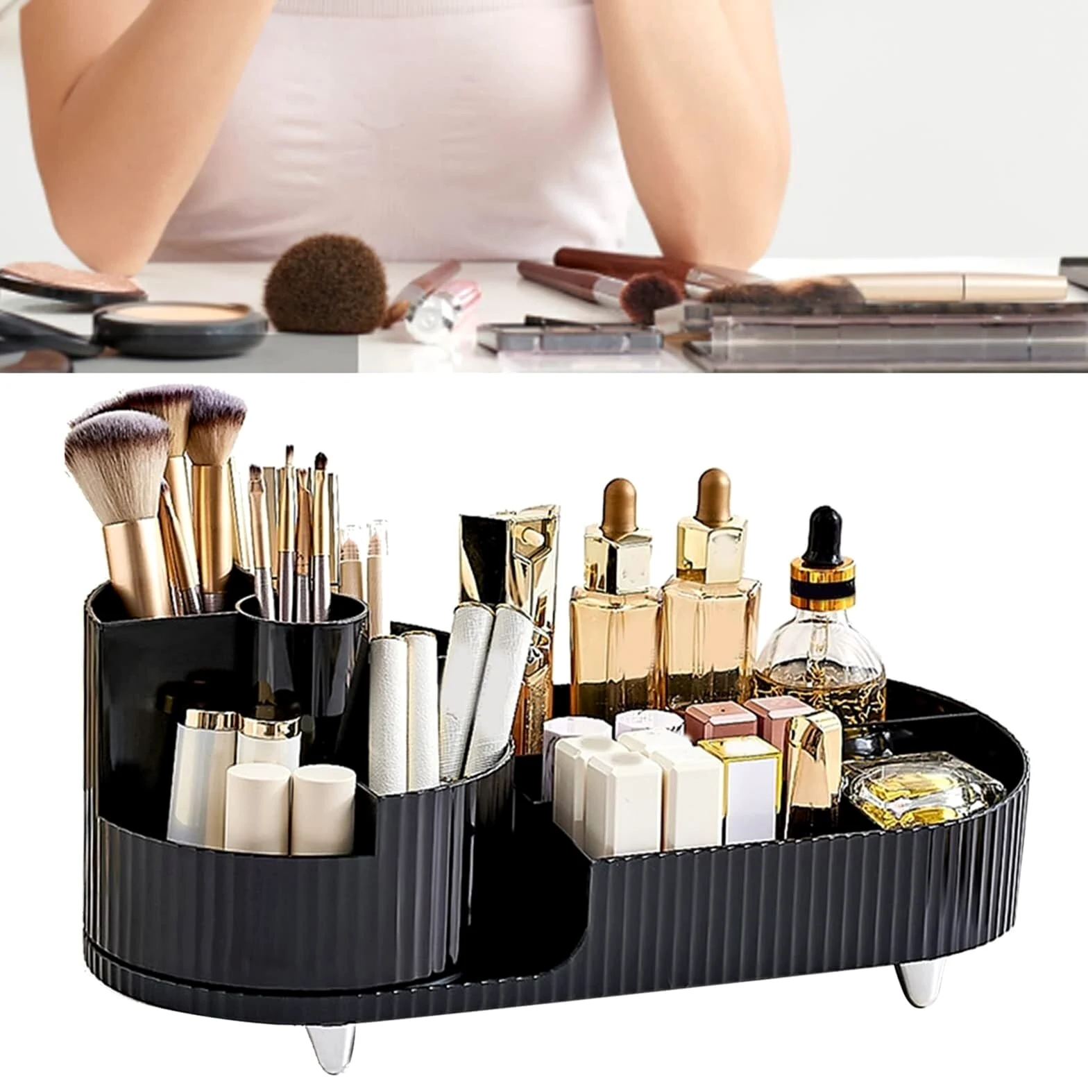 Organizer do Makijażu Elegancki Plastikowy Organizer Do Przechowywania Kosmetyków Pudełko Z Obrotowym Przegrodą Pojemnik na Kosmetyki(Black)