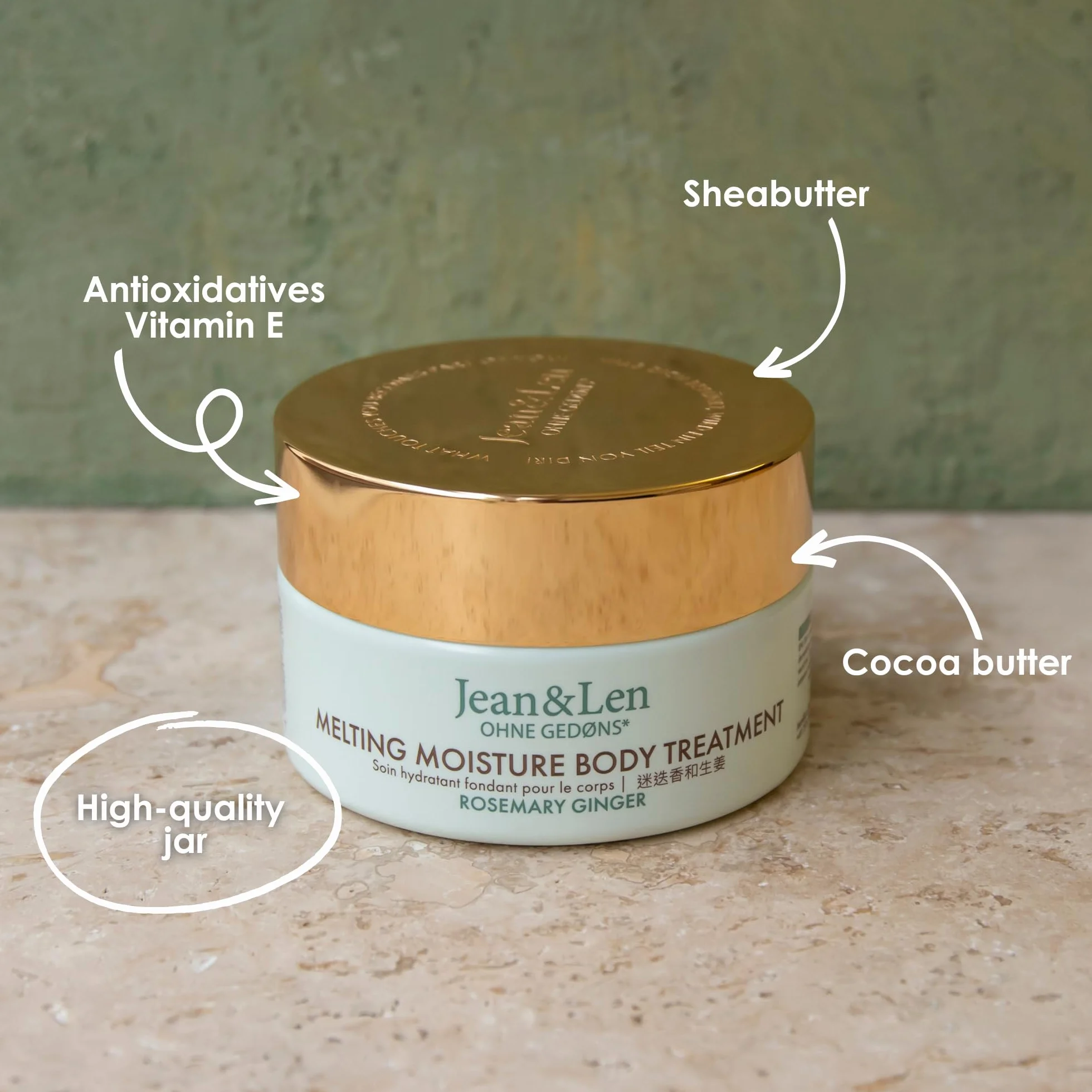 Jean & Len Melting Moisture Body Treatment Rosemary & Ginger, dla pachnących rezultatów pielęgnacji, do skóry normalnej, wysokiej jakości tygiel, pielęgnujące masło do ciała, bez parabenów i