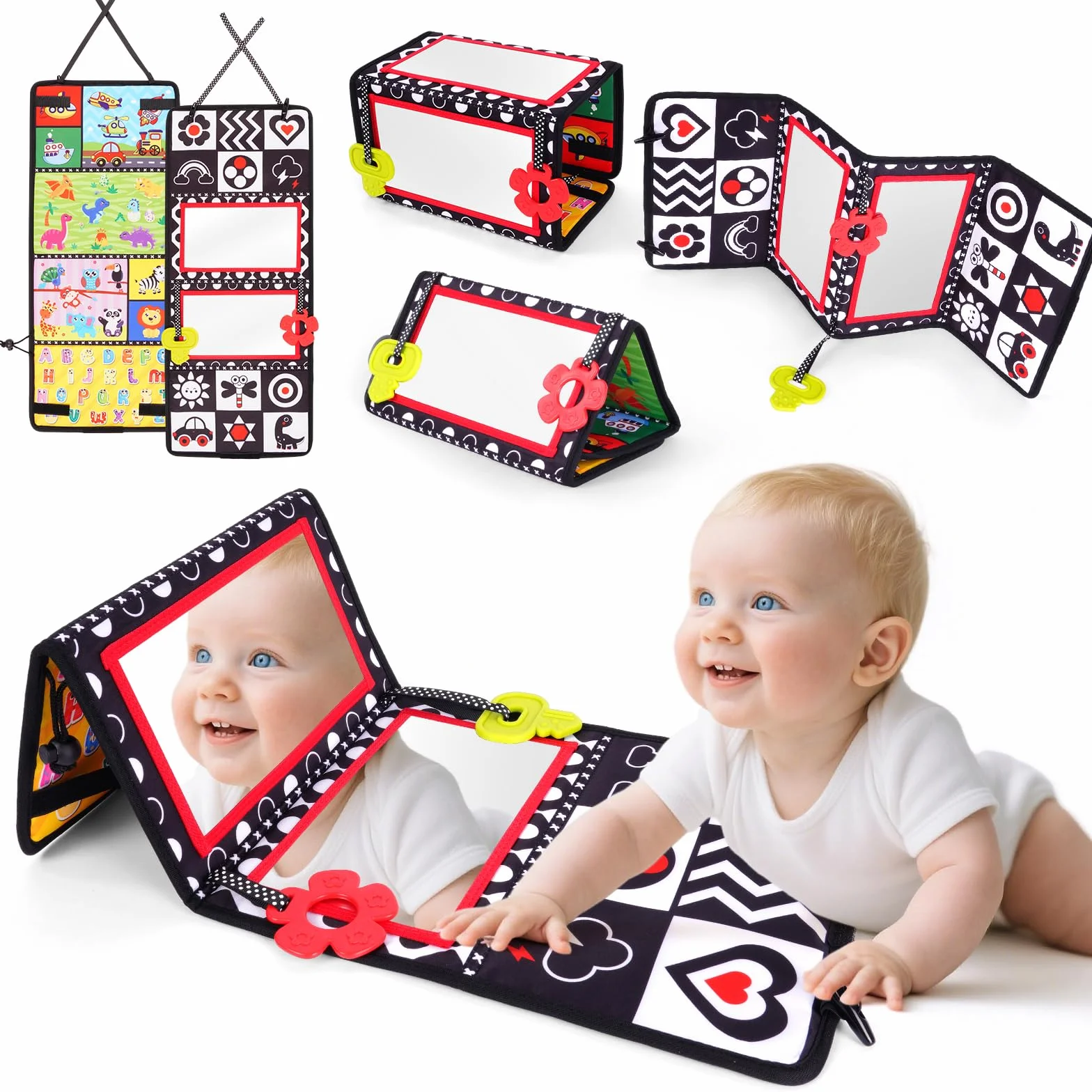 Vicloon Tummy Time Lustrzane zabawki dla niemowląt, składane lusterko, dwustronne lustro dla niemowląt z kontrastowymi wzorami, czarno-białe zabawki sensoryczne dla noworodków w wieku 0-12 miesięcy