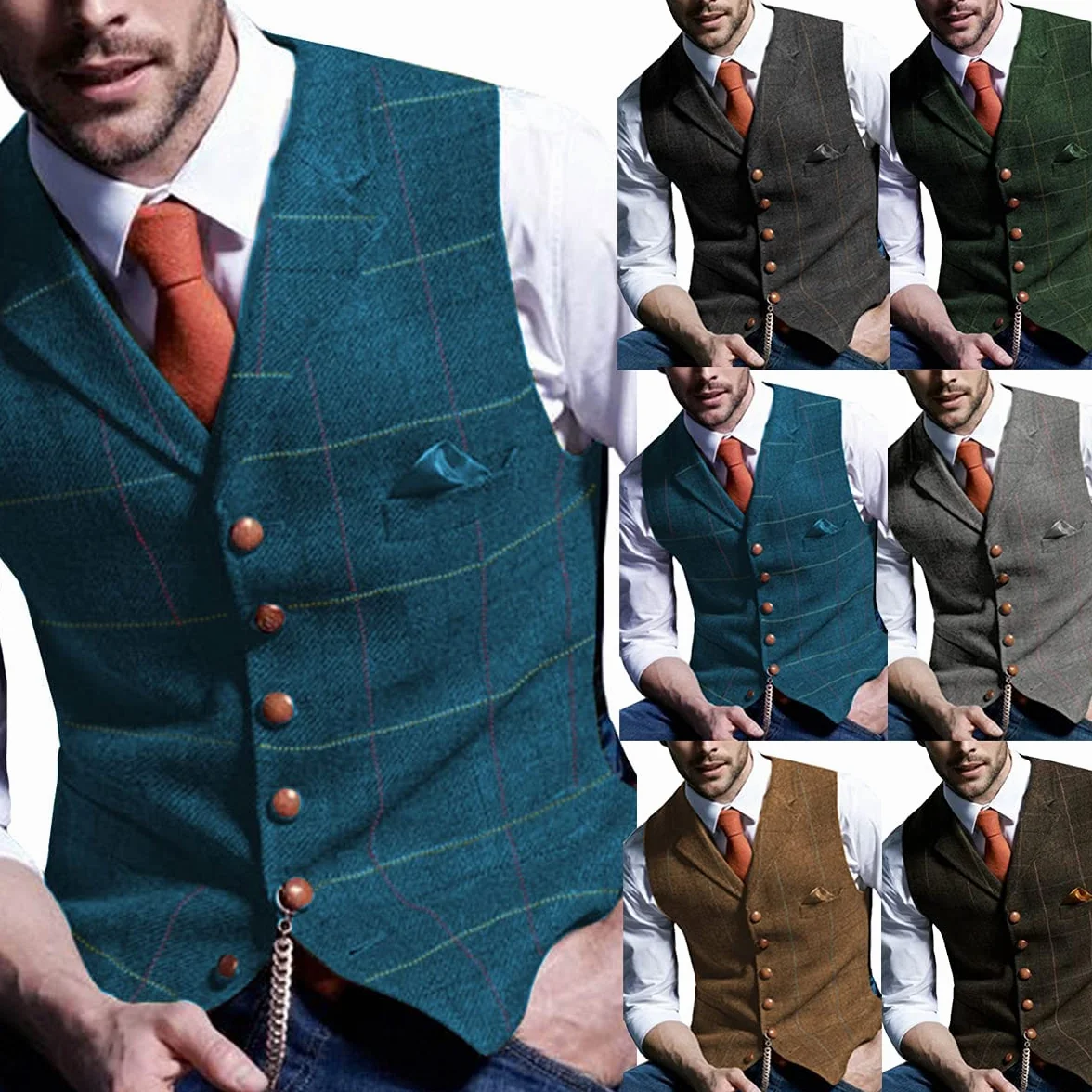 Męska kamizelka w stylu retro, pled, wełniana, luźna, tweed, wzór w jodełkę, do smokingu