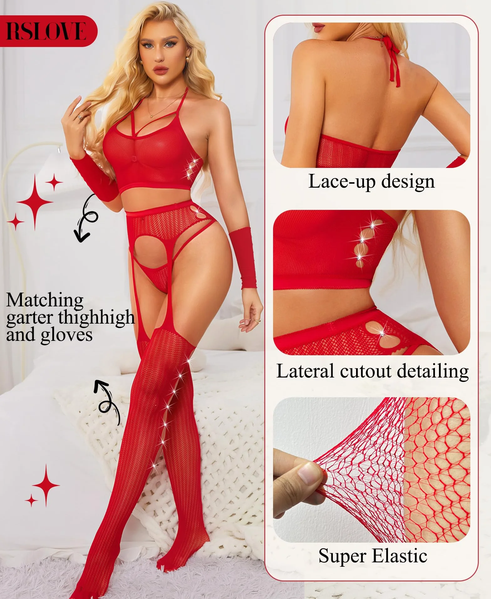 RSLOVE Seksowna bielizna kabaretki bodystocking - stroje damskie 4-częściowy zestaw bielizny z rękawiczkami i rajstopami