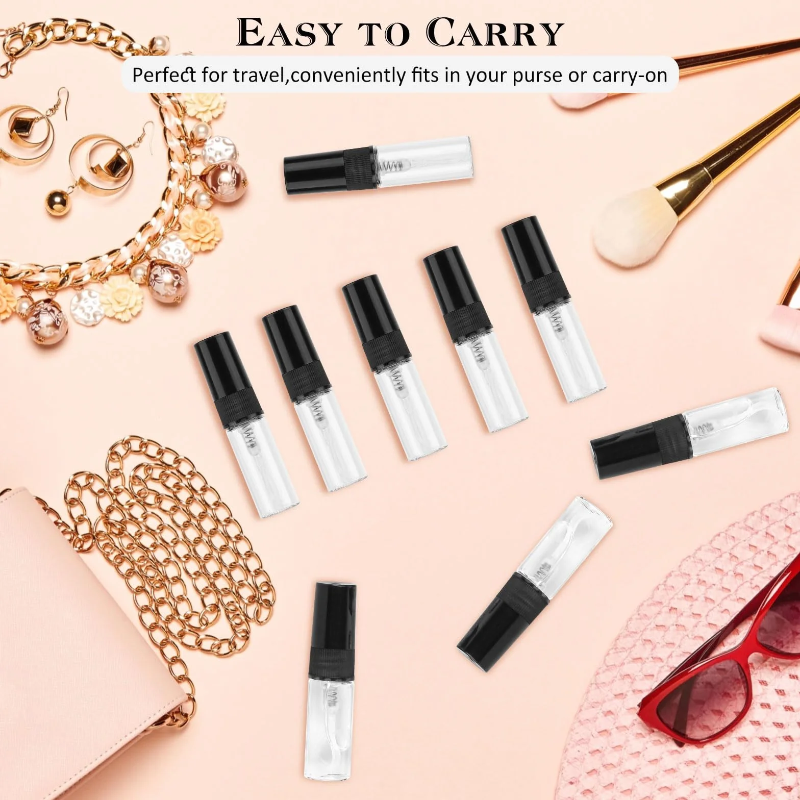 RVLZKCPG 50 sztuk mini rozpylaczy do perfum na podróże, 3 ml, wielokrotnego napełniania, z 3 pipetami, 3 lejkami, 3 dozownikami i 4 arkuszami etykiet do podróży i kempingu