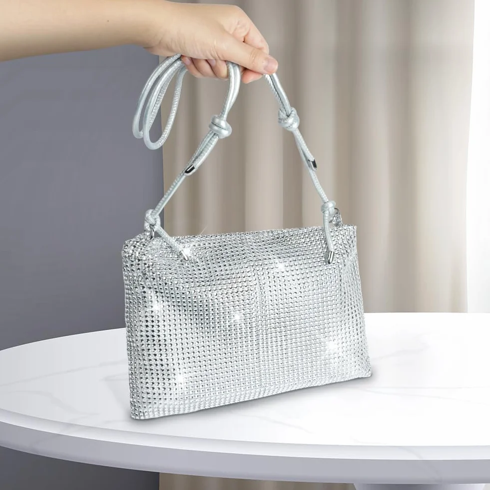 Torba crossbody z kryształem górskim srebrna kopertówka stras wieczorowa