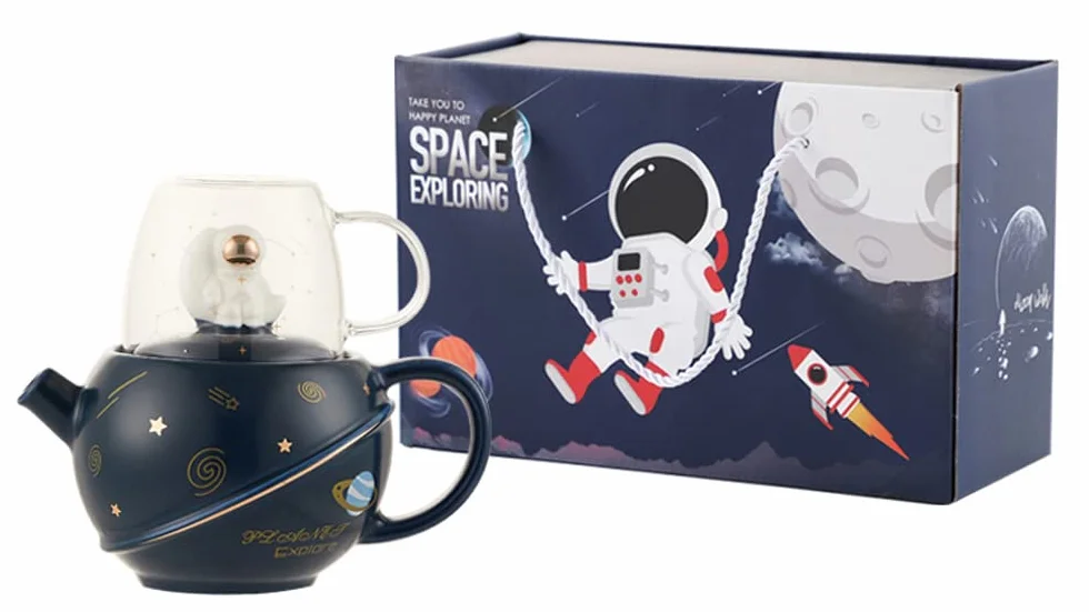 YBK Tech Kreatywna herbata z motywem astronauty, 410 ml ceramiczny czajniczek i szklany kubek 175 ml (niebieski)