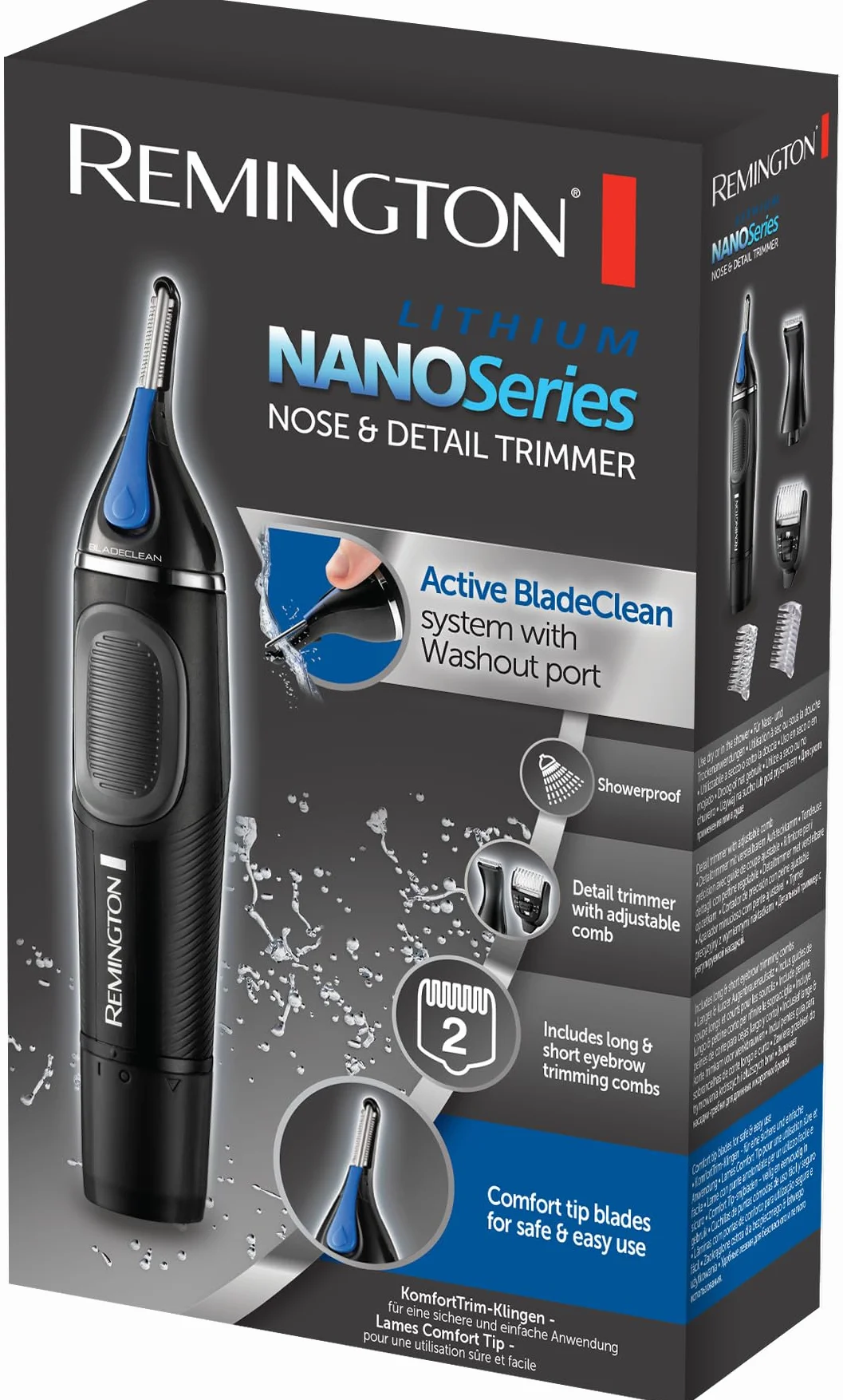 Remington trymer do nosa, uszu i brwi, stalowe ostrza Advanced Steel, trymer liniowy, na baterie 1x AAA, możliwośc mycia pod bieżącą wodą, czarny, Hygiene Clipper Lithium NanoSeries NE3870