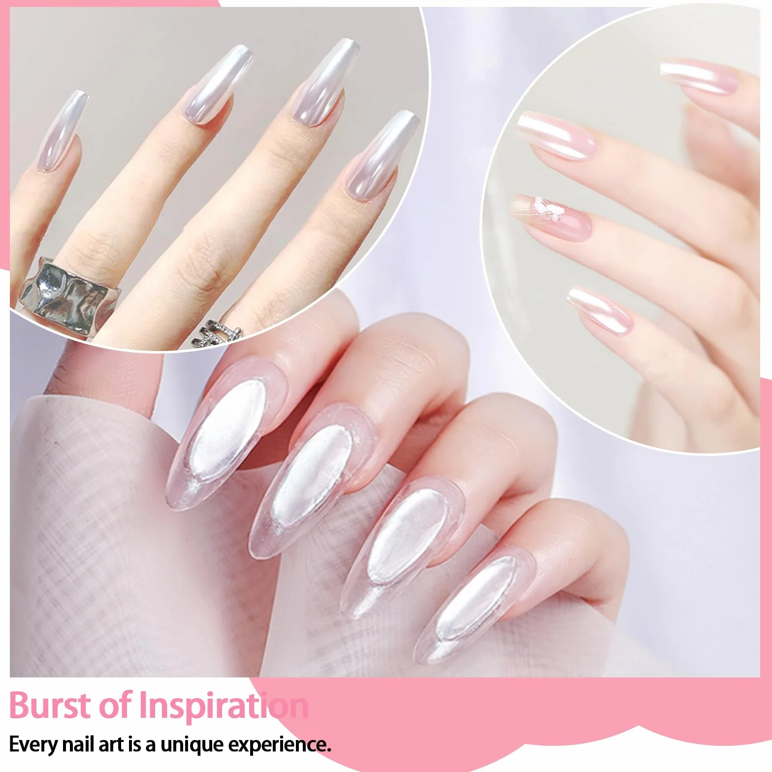 Allstarry White Pearl Chrome Nail Powder, Iridescent Aurora Powder Metallic Mirror Effect Glitter Powder Glitter Powder Pearlescent Ice Transparent Mermaid Pigment Pearl Glitter Dust for Nail Art