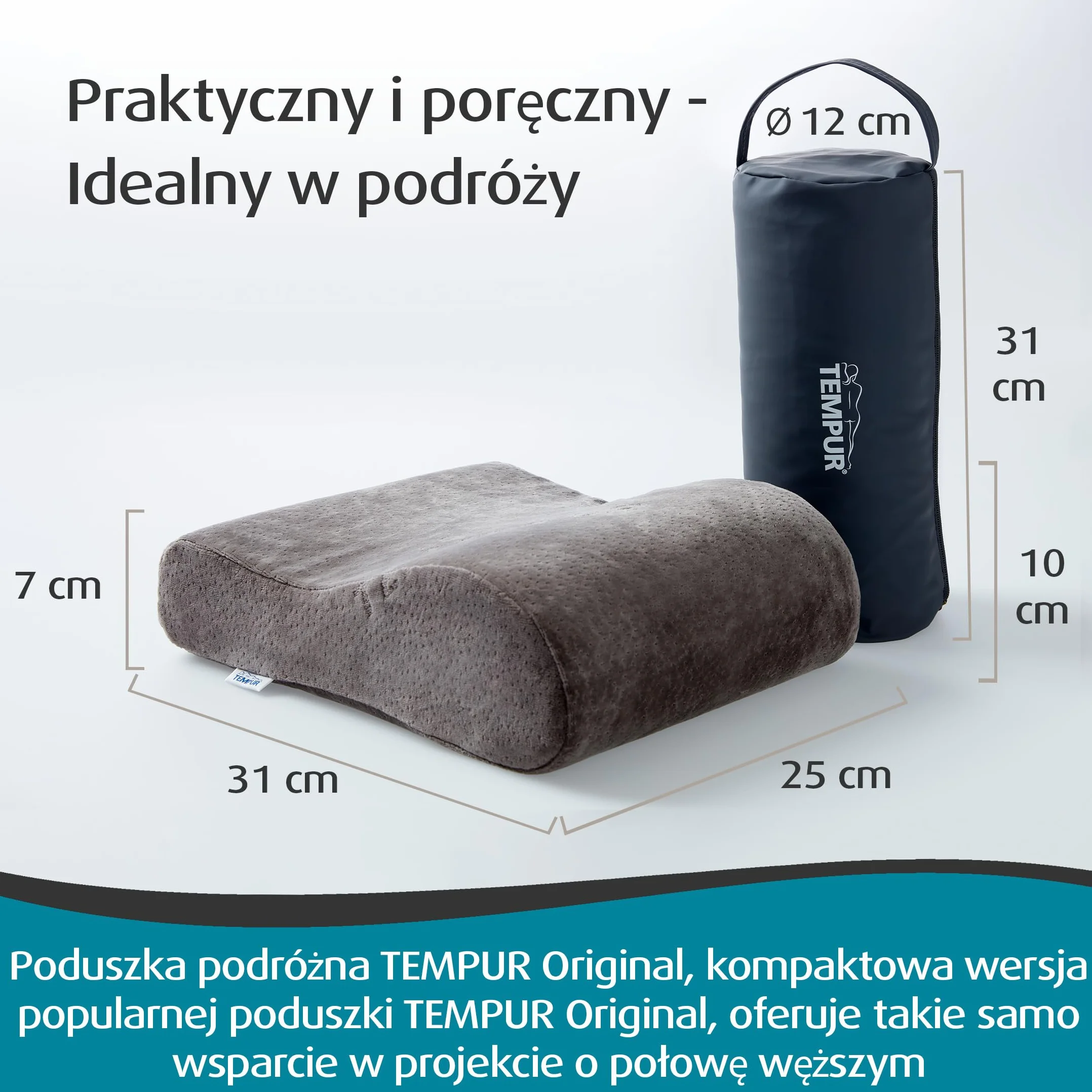 TEMPUR Poduszka podróżna z pianki memory, ergonomiczna poduszka podróżna pod kark z torbą transportową, Antracyt, Rozmiar 25 x 31 x 10/7 cm