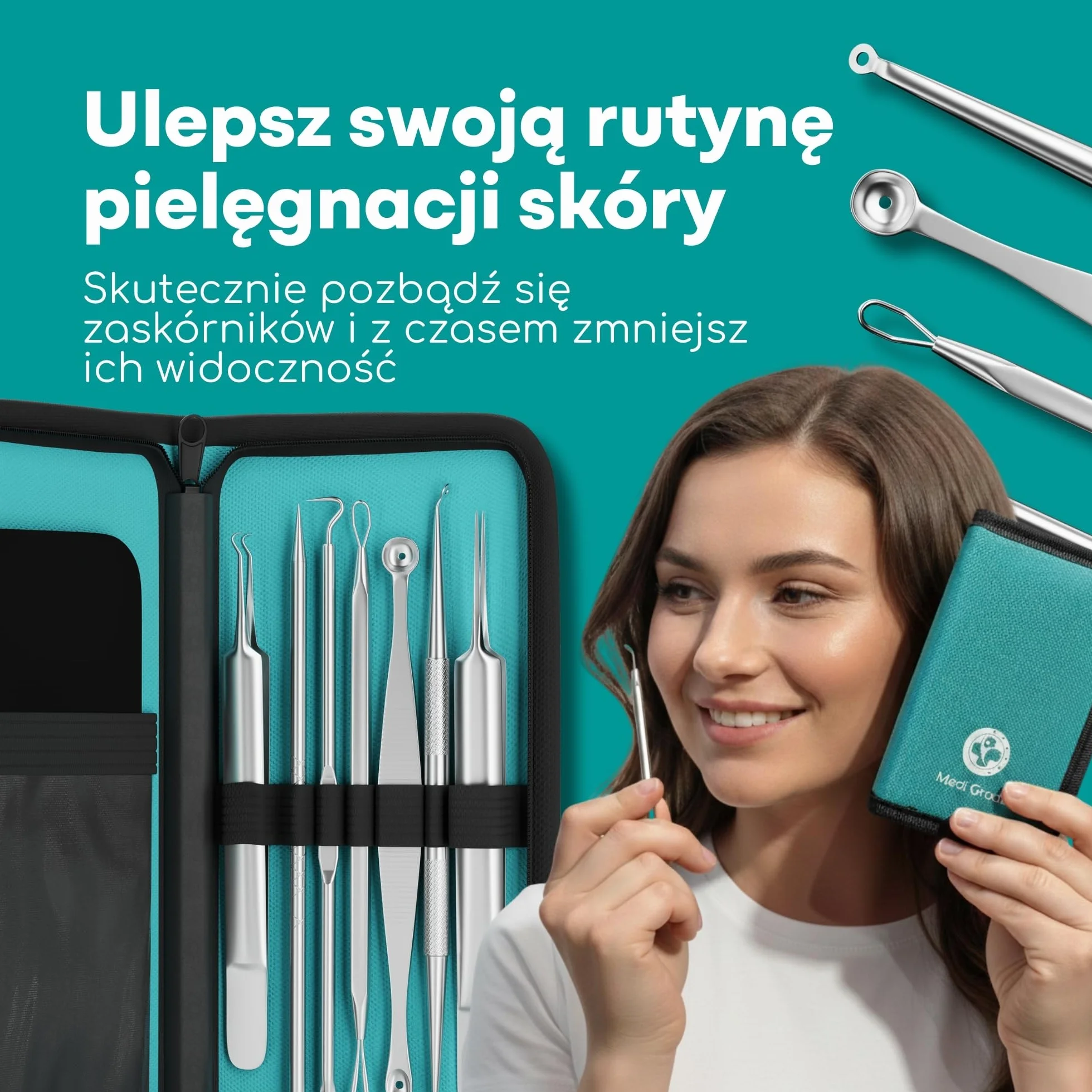 Zestaw do Usuwania Zaskórników 7 Szt., Medi Grade Zestaw do Wyciskania Pryszczy ze Stali Nierdzewnej, Przyrząd do Usuwania Zaskórników, Wągrów, Pryszczy i Więcej, Zestaw do Oczyszczania Twarzy