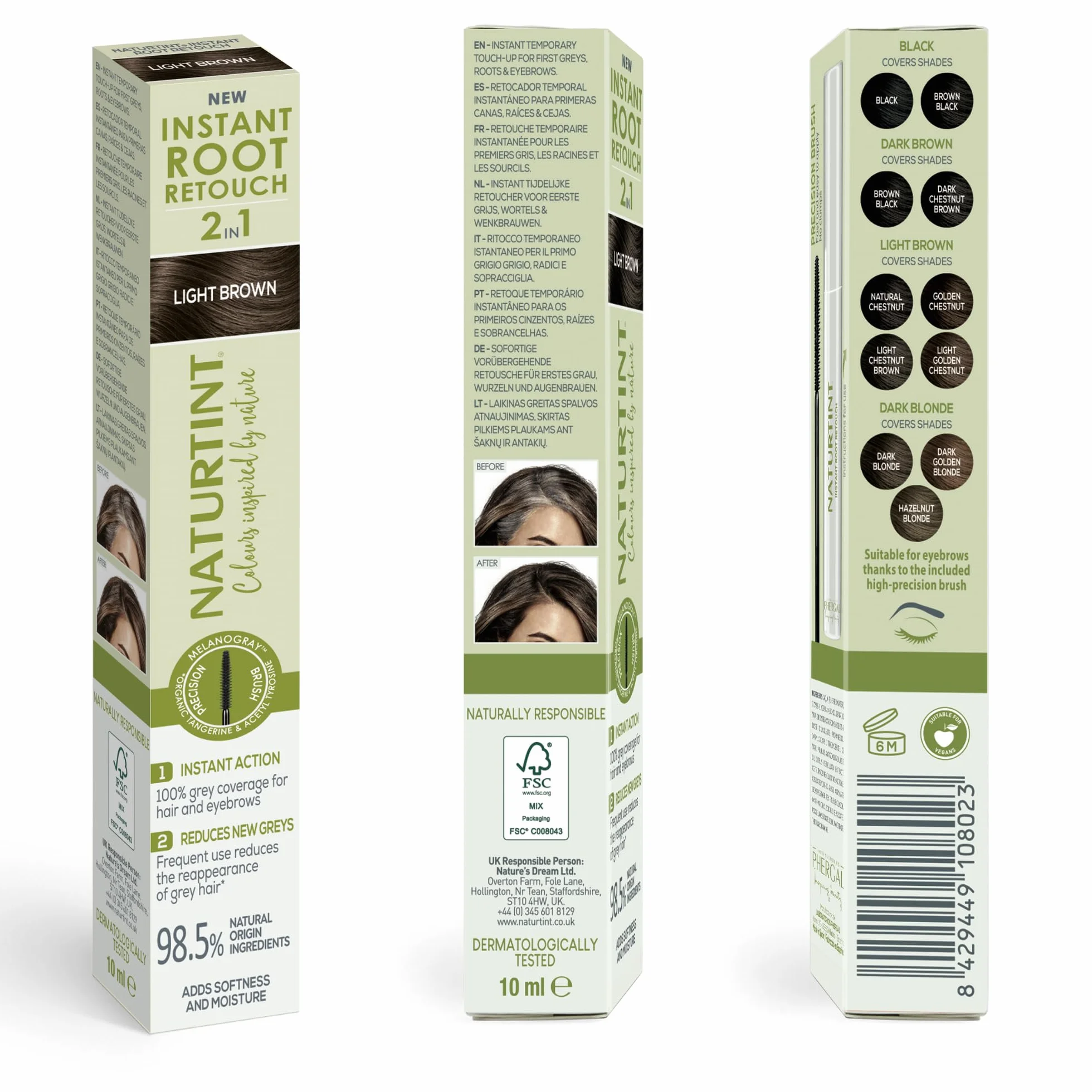 Naturtint | Instant Root Retouch | Tymczasowy retuszer do siwych włosów, korzeni i brwi | Praktyczny i wygodny dzięki pędzelkowi | 98,5% naturalnych składników | jasnobrązowy | 10 ml
