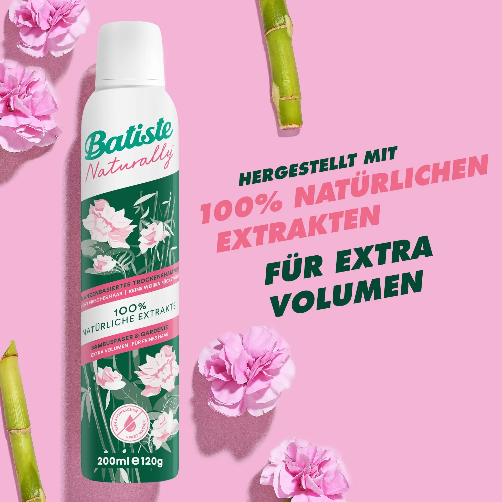 Batiste Suchy szampon Naturally włókna bambusowe & Gardenia 200 ml, suchy szampon do odświeżania i stylizacji cienkich włosów, bez spłukiwania, wegański, ze 100% naturalnych ekstraktów