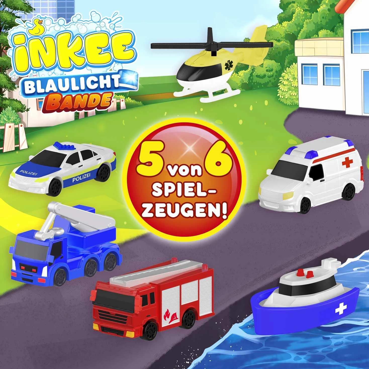 INKEE Rescue Crew Zestaw 5 Sztuk – Bomby do Kąpieli dla Dzieci z Niespodzianką – 5x Kule do Kąpieli z Zabawkowym Pojazdem Ratunkowym – Bomba do Kąpieli z Aromatem Arbuza i Olejem Awokado