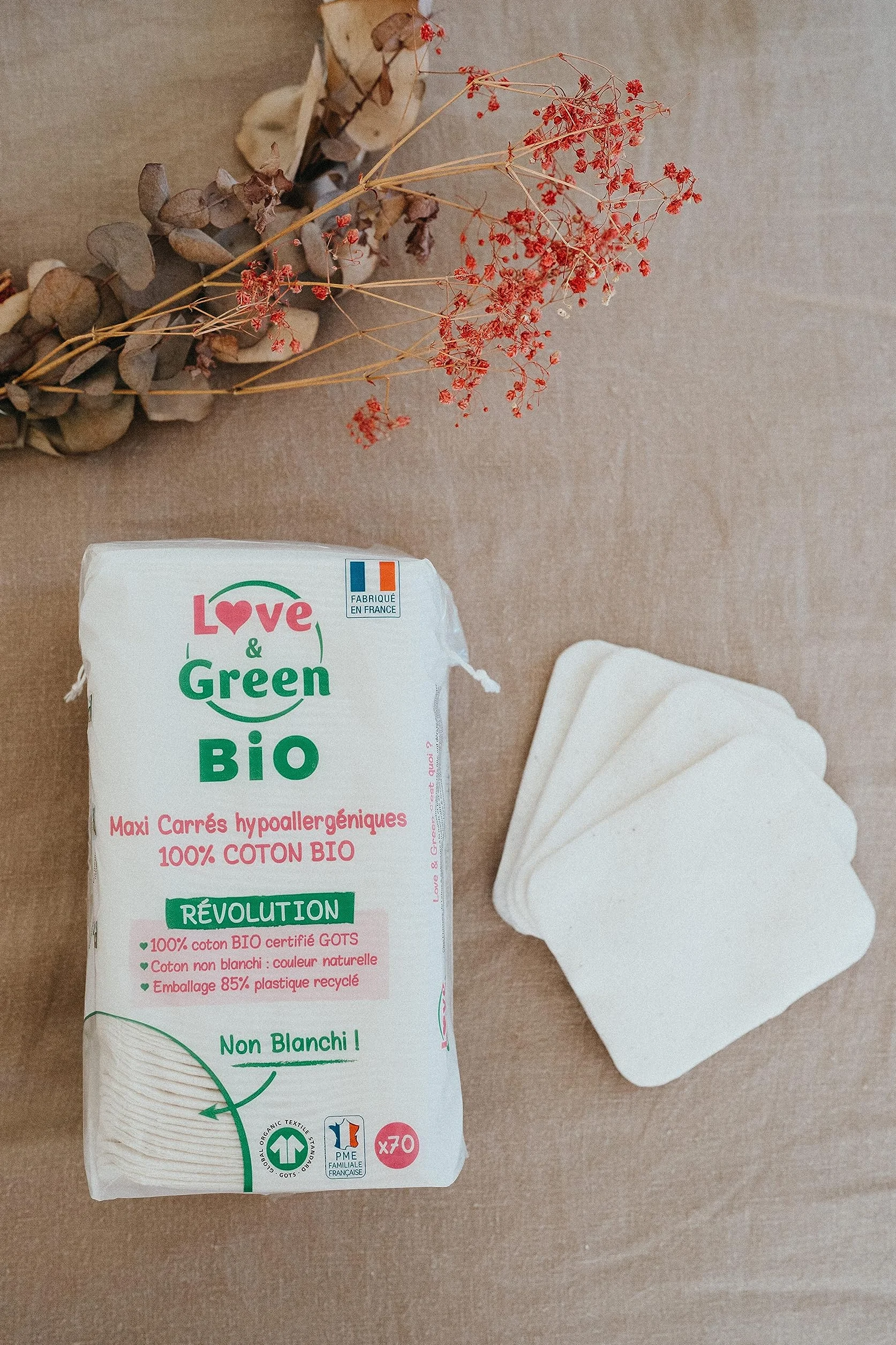 Love & Green Maxi-kwadraty, bawełna organiczna, 70 sztuk