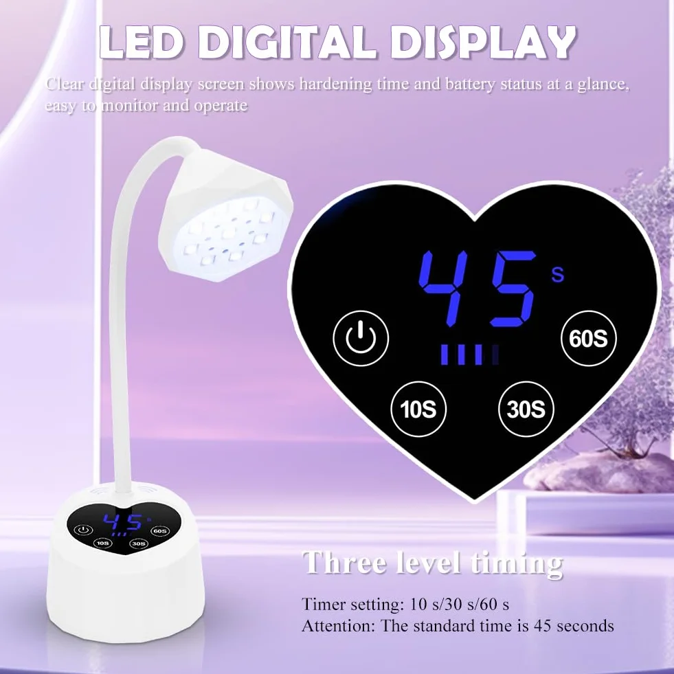 Lampa UV do paznokci żelowych, lampa UV z 3 timerami, wyświetlaczem LCD, automatyczne wykrywanie, regulowany 360°, wąż składany, idealna mała lampa UV do paznokci dla początkujących i profesjonalistów