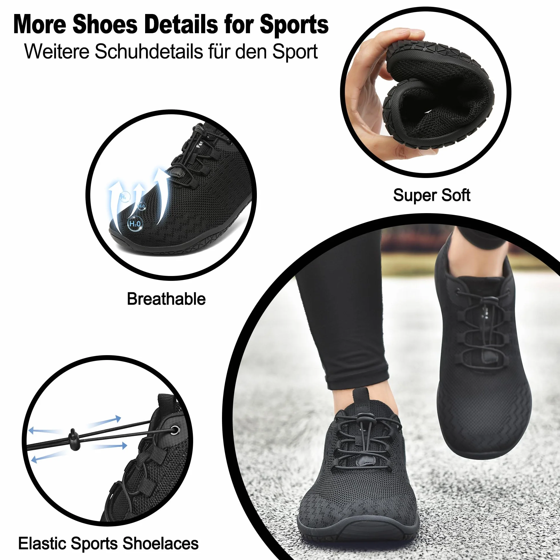 Geweo Buty Barefoot Mężczyźni Kobiety Lato Barefoot Shoes Szeroką Skrzynką na Palce Lato Oddychające Buty do Biegania Buty do Treningu Lekkie Wygodne Buty Fitness Sneaker Unisex Czarny 45EU