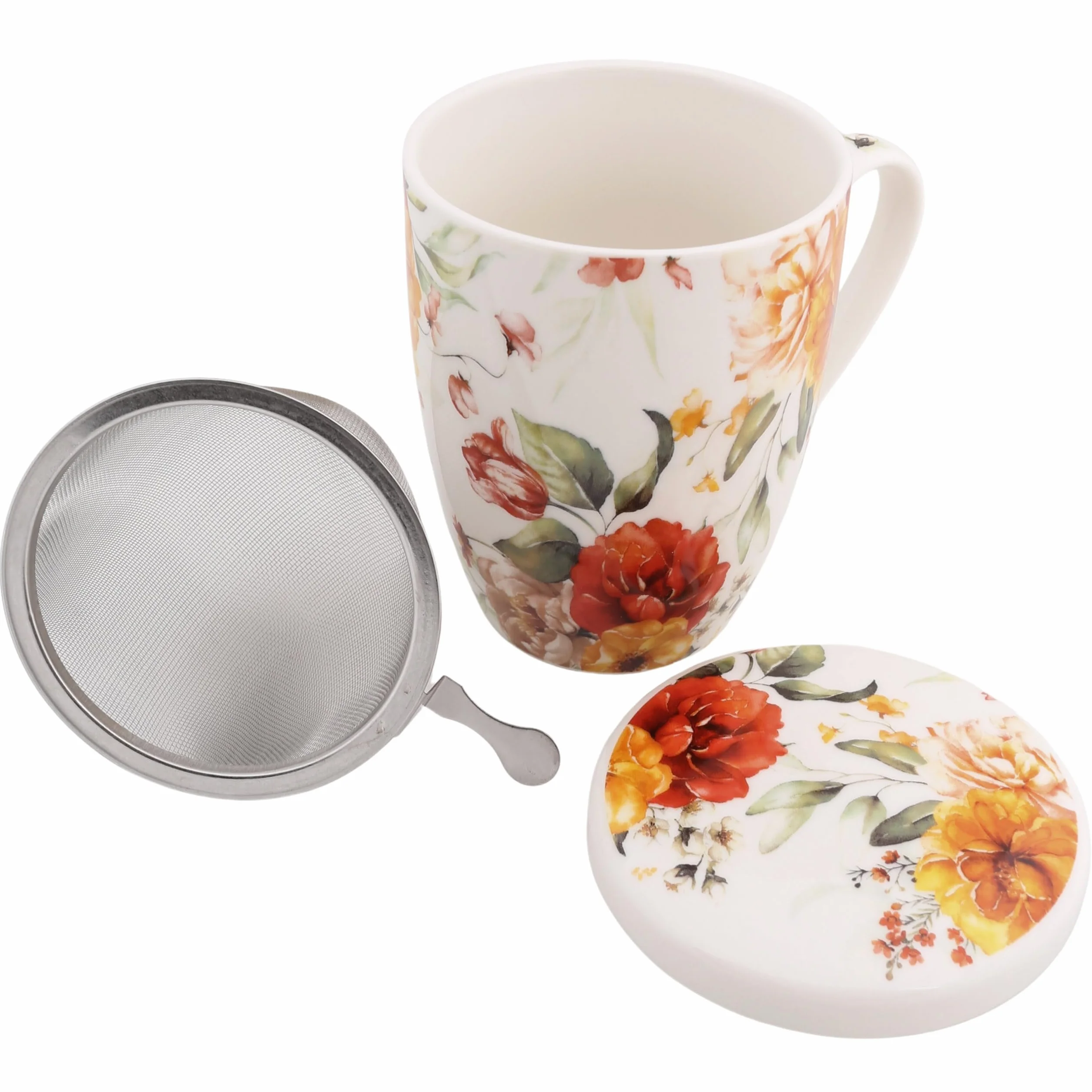 Zestaw do herbaty: Porcelanowy kubek z zaparzaczem i pokrywką do ziół - zapakowany w pudełku na prezent 340 ml (I)