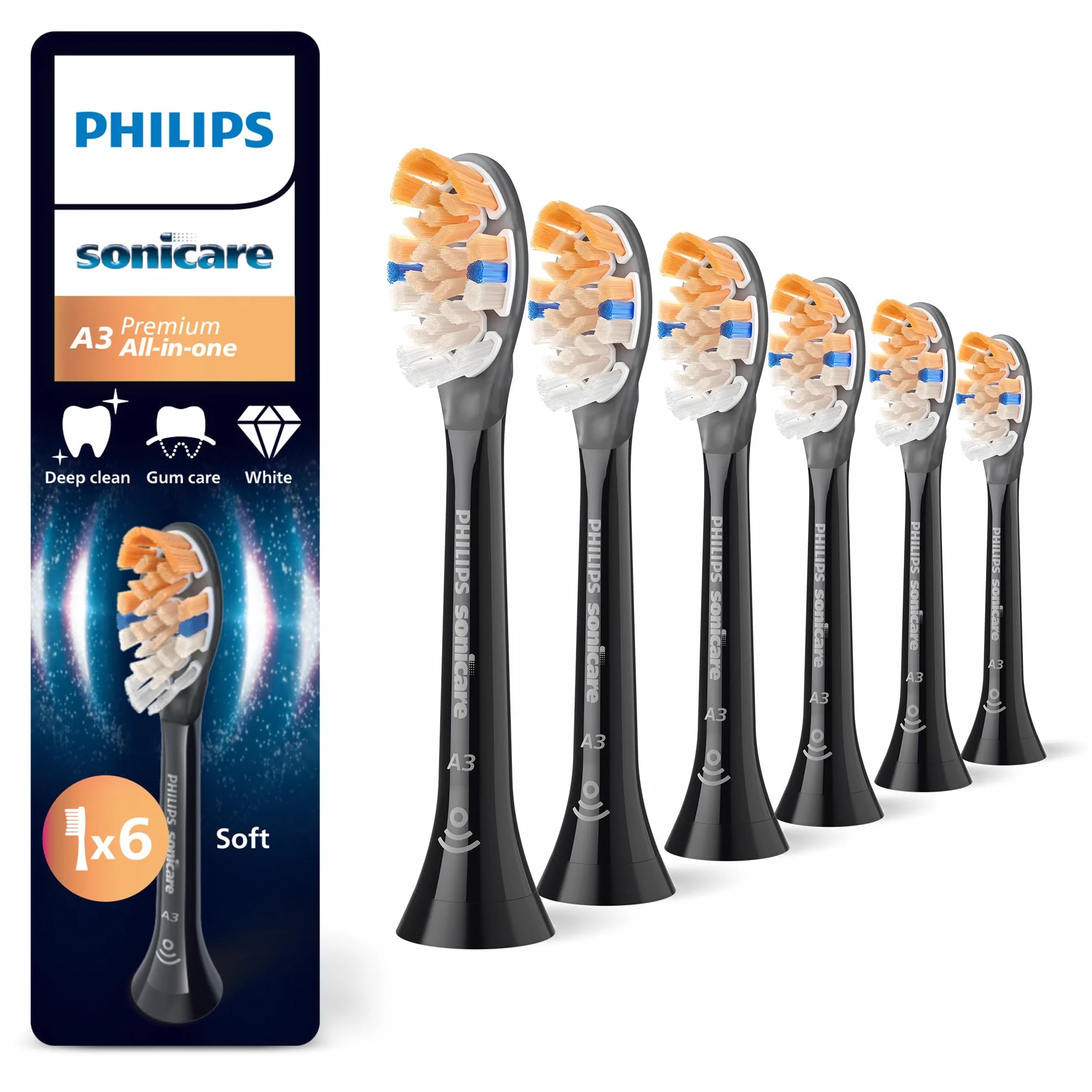 Philips Sonicare A3 Premium All-in-One, oryginalne wymienne główki szczoteczki, kolor czarny, 6 sztuk w opakowaniu, HX9096/88, Nowy