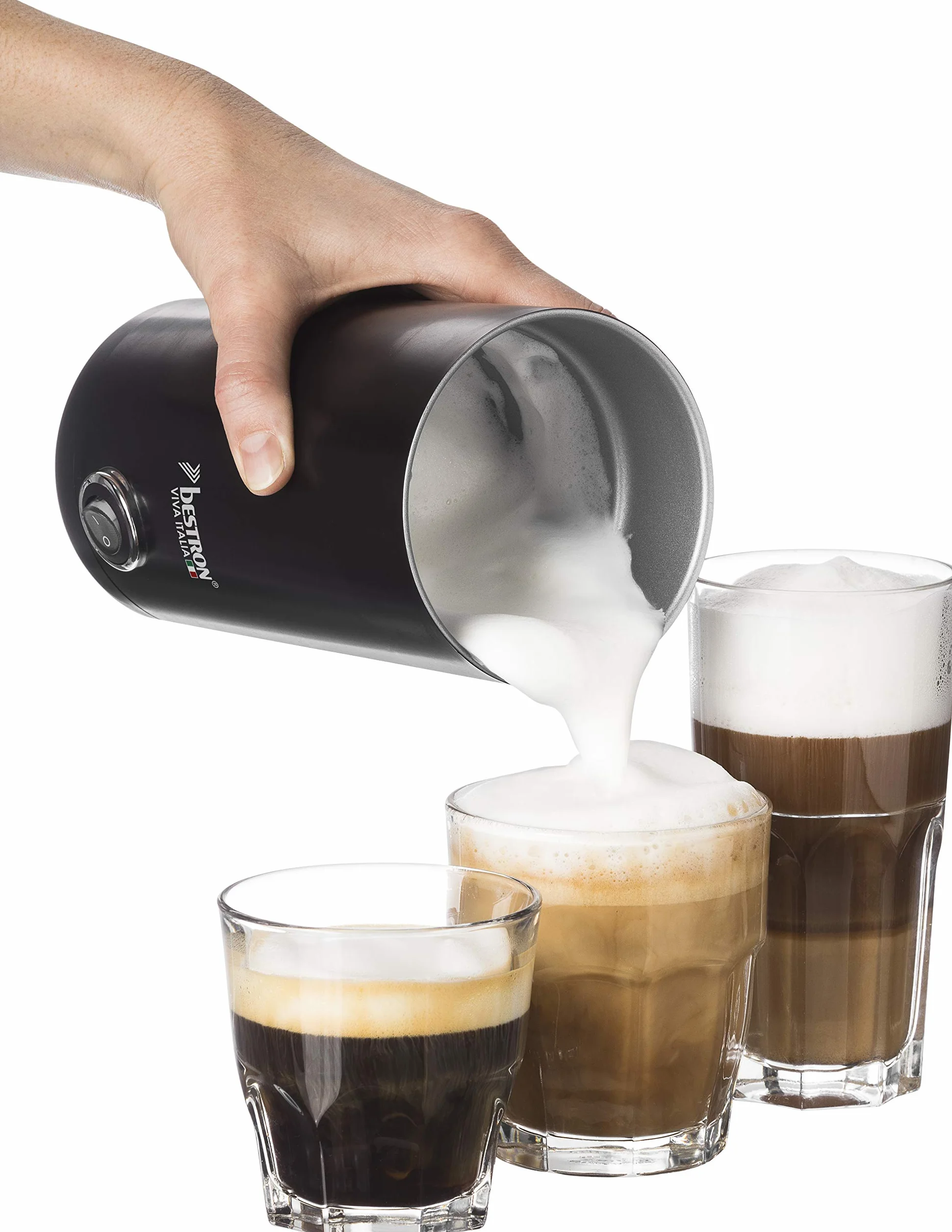 Bestron Viva Italia elektryczny spieniacz do mleka, podstawa 360° i pojemność do 300 ml, bezprzewodowy, 550 W, kolor: czarny