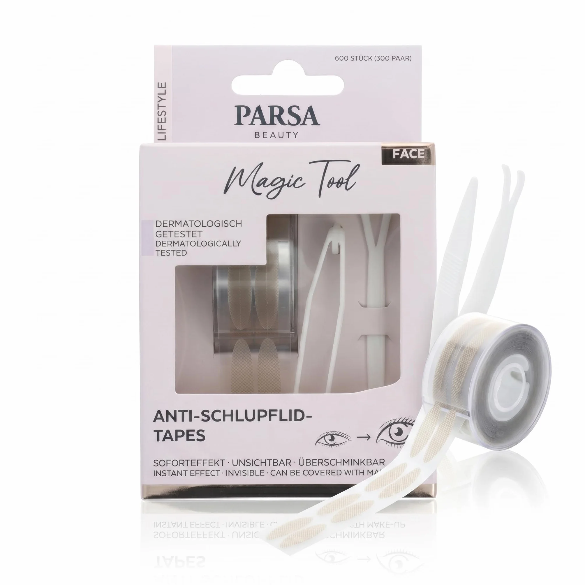 PARSA Beauty Lifestyle taśmy zapobiegające ślizganiu się powiek z narzędziami – niewidoczne ujędrnianie powiek, naturalny efekt liftingu, łatwe do malowania, przyjazne dla skóry i łatwe w użyciu