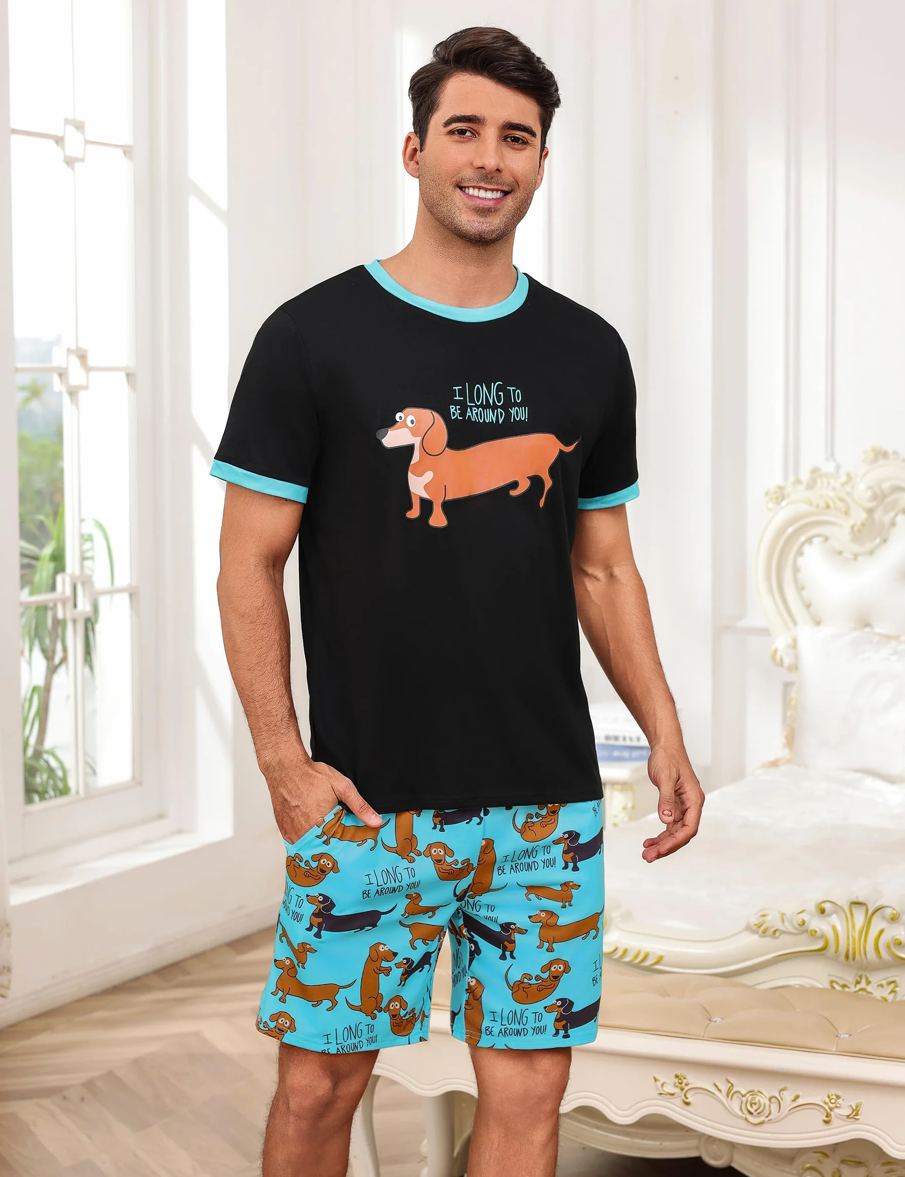 Demegimi Męska piżama krótka piżama bawełniana letnia bielizna nocna zabawny pies duckelhund t-shirt i spodnie piżamowe dla mężczyzn